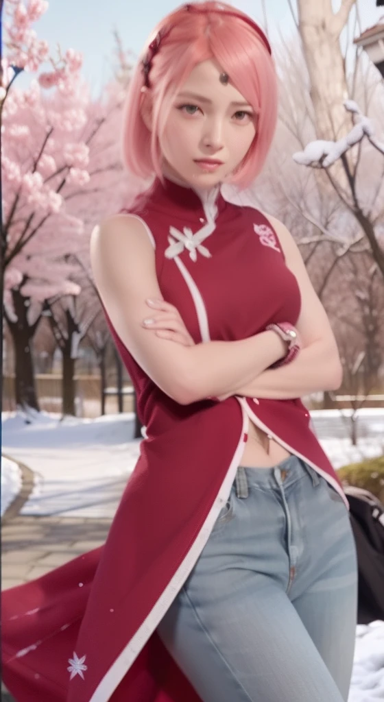 ((best quality)), ((masterpiece)), (detailed), perfect face, Perfect body, perfect anatomy, 1 girl, sakura haruno, pink hair, green eyes, red clothe, sakura ass, sexy pose, naked ass, bottom, full body, realistic, high detail, high quality image, 8k