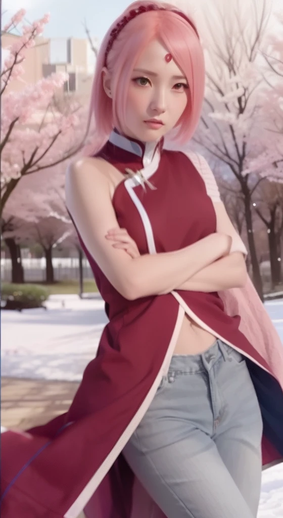 Sakura uchiha. A woman was standing in the park. He seemed to be wearing a tight red cedar. With a tight white Levis. His hands were folded in front of his chest. She has pink hair that won't untie. White as snow. And rosy cheeks. And a tiny pink lip. He looked into the camera. So pretty and realistic