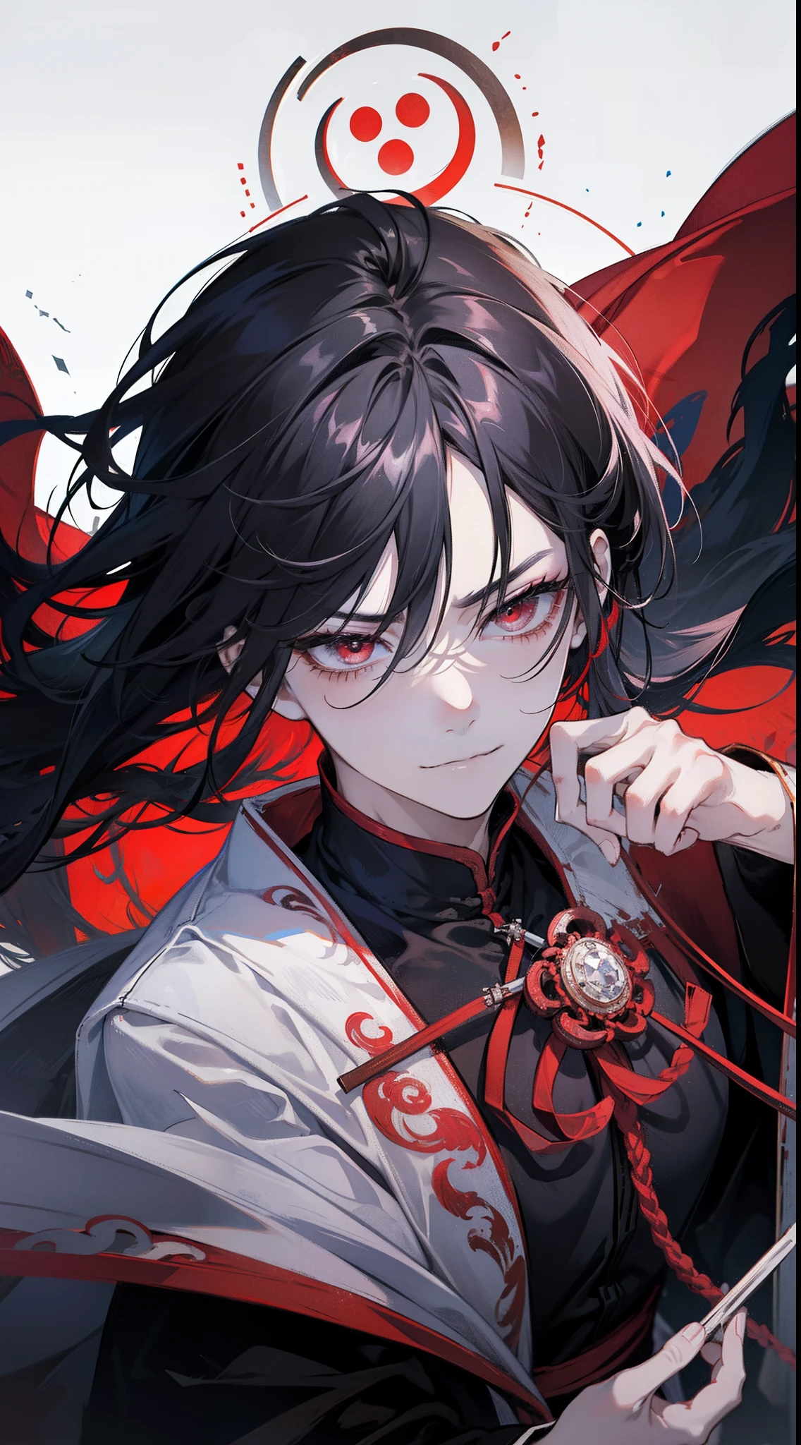 Hmong teenager,Exotic,Witchcraft,Miaojiang boy,male people,Handsome,Hmong male,Ancients in red and black robes,Ancient wind,Black hair, black hair, crossed bangs, long hair, messy hair, floating hair, expressive hair, hair strand, tentacle hair, mole under eye, raised eyebrows, half-closed eyes, eyeball, glaring, tareme, red eyes, longeyelashes, light smile, evil smile, scowl, jitome, seductive smile, yandere, troll, fang, covering eyes, chin grab, evil, guilt, UHD, masterpiece, super detail, high details, high quality, 16k