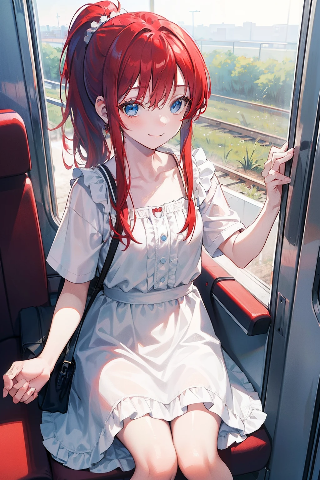 masterpiece, best quality, 1girl, (red hair), ((ponytail)), (bangs), (long hair), blue eyes, (small smile), happy, sitting in an train seat, in the train, white picnic dress, with a bag, holding a bag with both hands, ((detail face))
