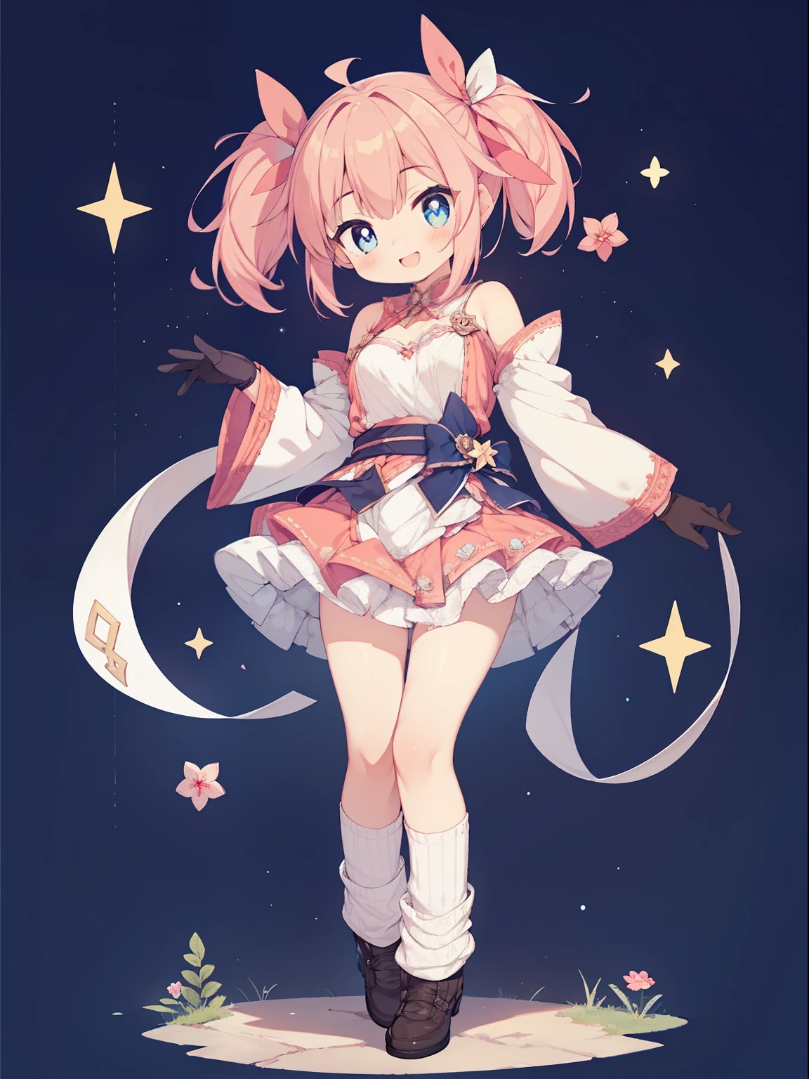 (1girl in:1.2), (Solo:1.2), masutepiece, nffsw、Shaders、Brilliant Textured Work、Ultra-detailed eyes、ultra-intricate pupil in eyes、top-quality、Pink hair、childish、Gamine、小柄、Standing Picture、magical little girl、shorth hair、Twin-tailed、Large ribbon、small tits、valley、Shoulder out、Separated sleeves、Wide sleeves、starrysky、A big smile、gloves、Tiered miniskirt、Absolute Area、loose socks、Laced boots、