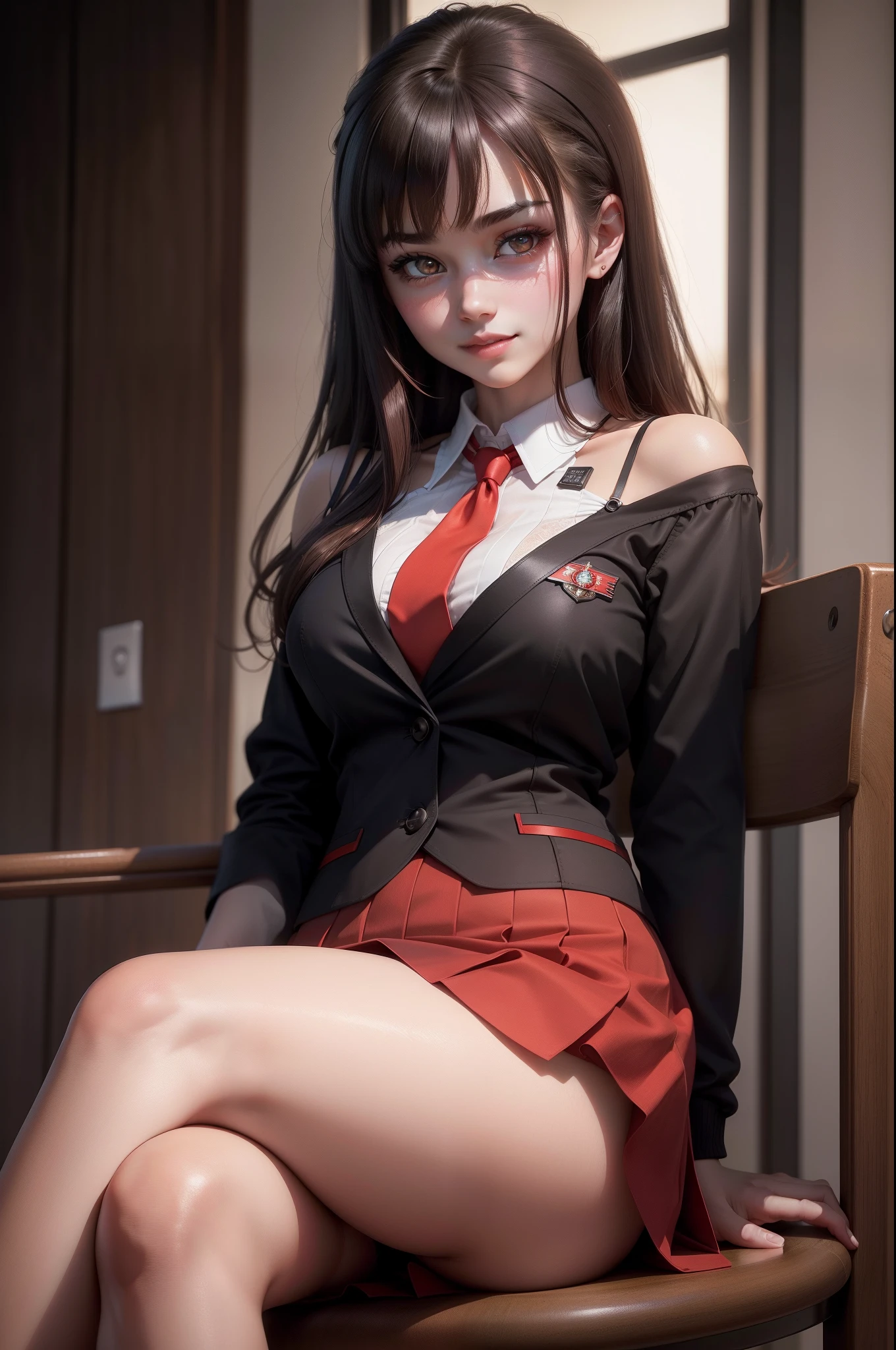 (8K,Photorealsitic Raw photography top-quality;1.4) 1 high school girl) Super beauty (Lifelike face) Brown-haired short bob The buttons on the uniform are open. a smile Big eyes with dark eyes masterpiece, top-quality, Hi-Res, 1 Girl Kaori Saeki Parted Bangs High Ponytail, Uniform Spaghetti Strap Red Tie Red Skirt Black Thigh Sitting、feet crossed、evil smile A hyper-realistic 超A high resolution super precision Beautiful expression enticing A sexy a picture