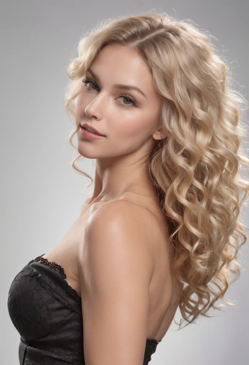 (Masterpiece),8k, ultra high quality, ((young) Victoria Justice) with (((((small)))+lips)), ((perfect+((small))+(rounded)+nose+(small+nose bridge)+((feminine))+nose)), ((blonde wavy curly hair)), ((brown))+eyes, wearing a beauitful (feminine) (black) tube-top, headshot