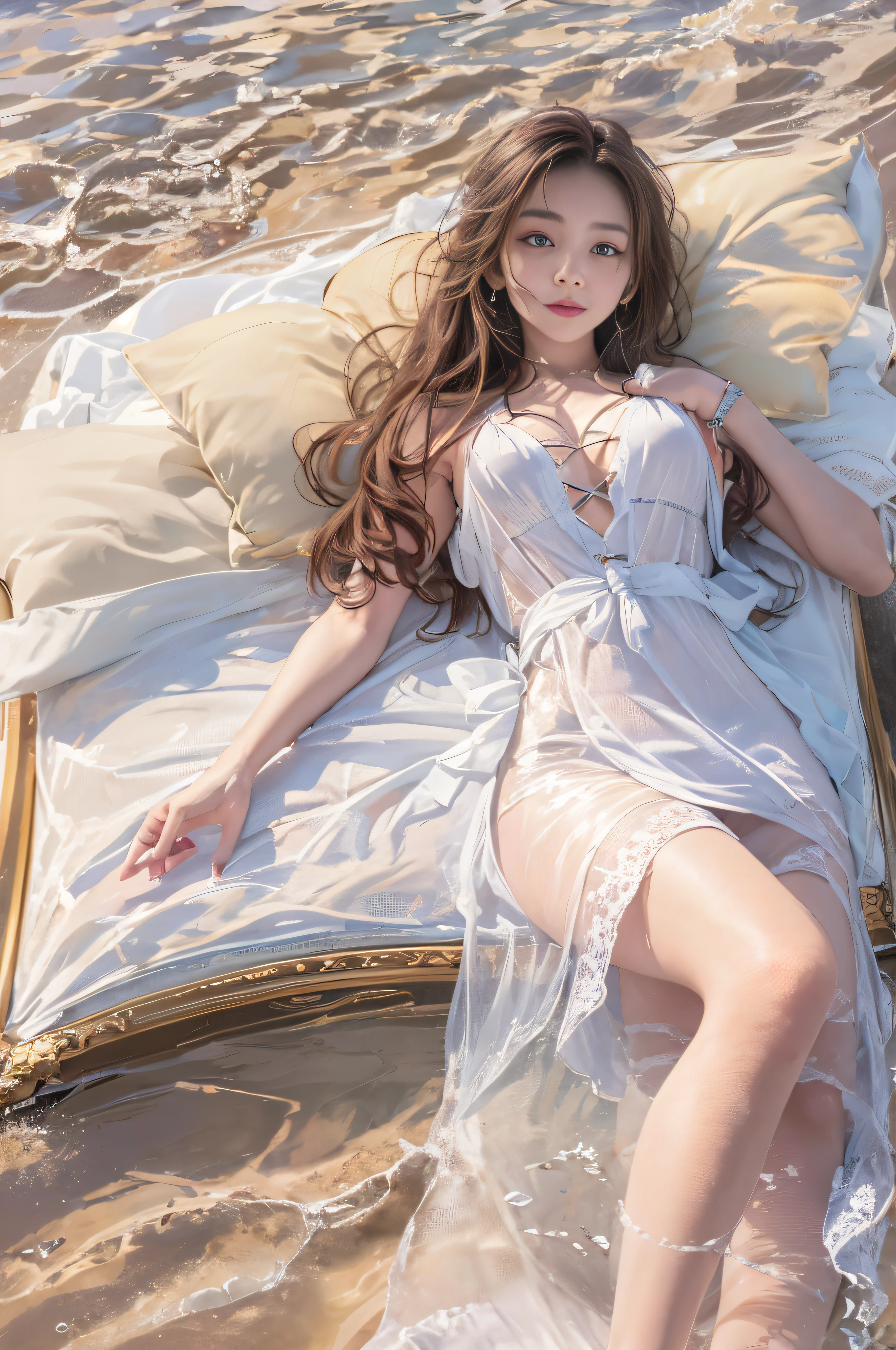 painting of a woman laying on a bed in a white dress, guweiz on pixiv artstation, guweiz on artstation pixiv, guweiz, artwork in the style of guweiz, ! dream artgerm, trending on cgstation, wlop and sakimichan, trending on artstation pixiv, seductive anime girl
