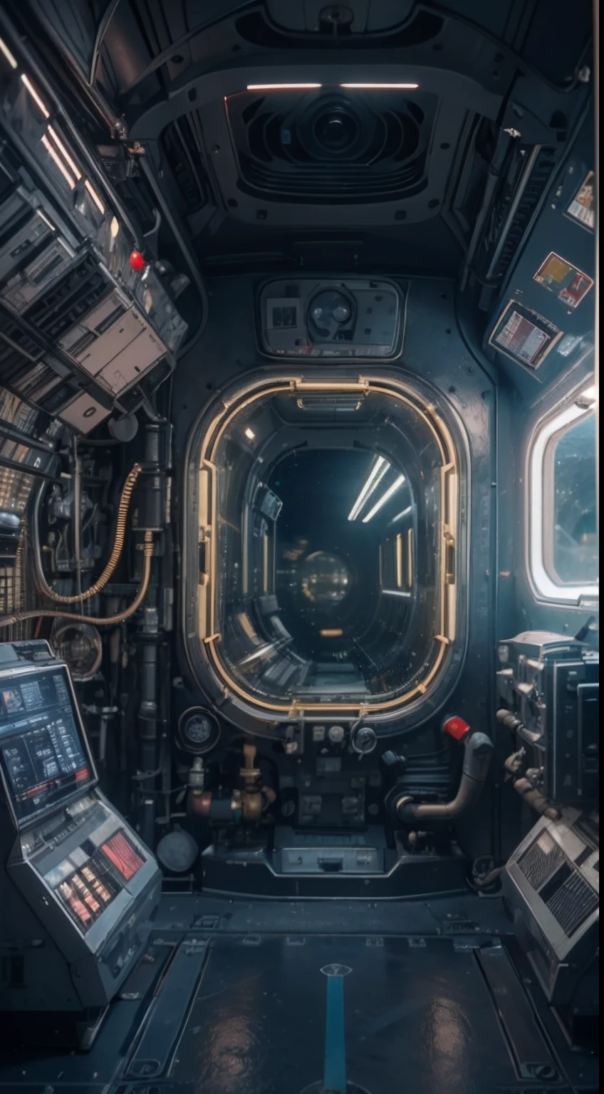 The interior of the large cockpit of the space station is located in the center,Facing glass,Glass outer space environment scene,empty of people,Dark tones,Top quality, Masterpiece, 超高分辨率, ((Photorealistic: 1.4), RAW photo, ,(hyper realistic detailed)), Tubes attached to mechanical parts,Small glowing lamps, globalillumination, Deep shadows, Octane rendering, 8K, ultrasharp, metal, Intricate Ornament Details, baroque detailed, very complex details, Realistic light, CGSoation trend, neon light detail, (Android manufacturing factory in the background),