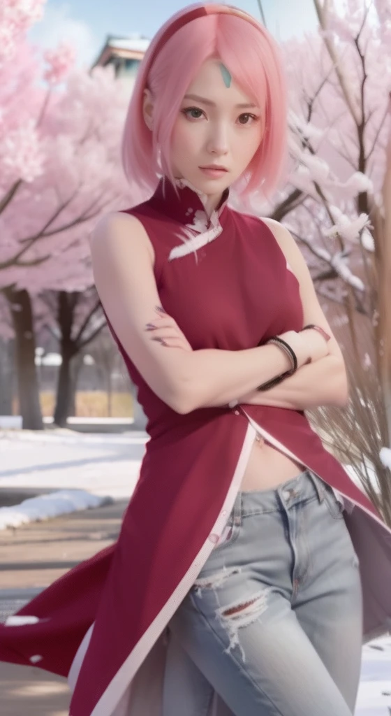 a girl, sakura haruno, red clothes, pink hair , short hair, red headband, green eyes ((Best quality, masterpiece, (detailed:1.4), 3D, an image of a beautiful cyberpunk female,HDR (High Dynamic Range),Ray Tracing,NVIDIA RTX,Super-Resolution,Unreal 5,Subsurface scattering,PBR Texturing,Post-processing,Anisotropic Filtering,Depth-of-field,Maximum clarity and sharpness,Multi-layered textures,Albedo and Specular maps,Surface shading,Accurate simulation of light-material interaction,Perfect proportions,Octane Render,Two-tone lighting,Wide aperture,Low ISO,White balance,Rule of thirds,8K RAW,