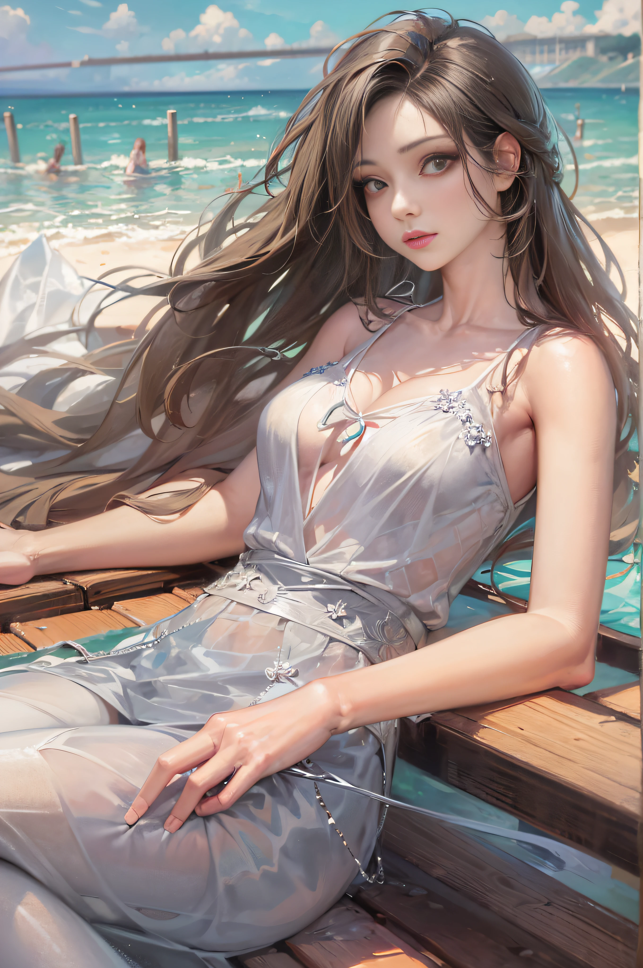 anime girl sitting on a bench on the beach with a long flowing hair, beautiful alluring anime woman, guweiz, beautiful anime girl, artwork in the style of guweiz, seductive anime girl, beautiful anime woman, extremely detailed artgerm, guweiz on pixiv artstation, ! dream artgerm, artgerm. anime illustration