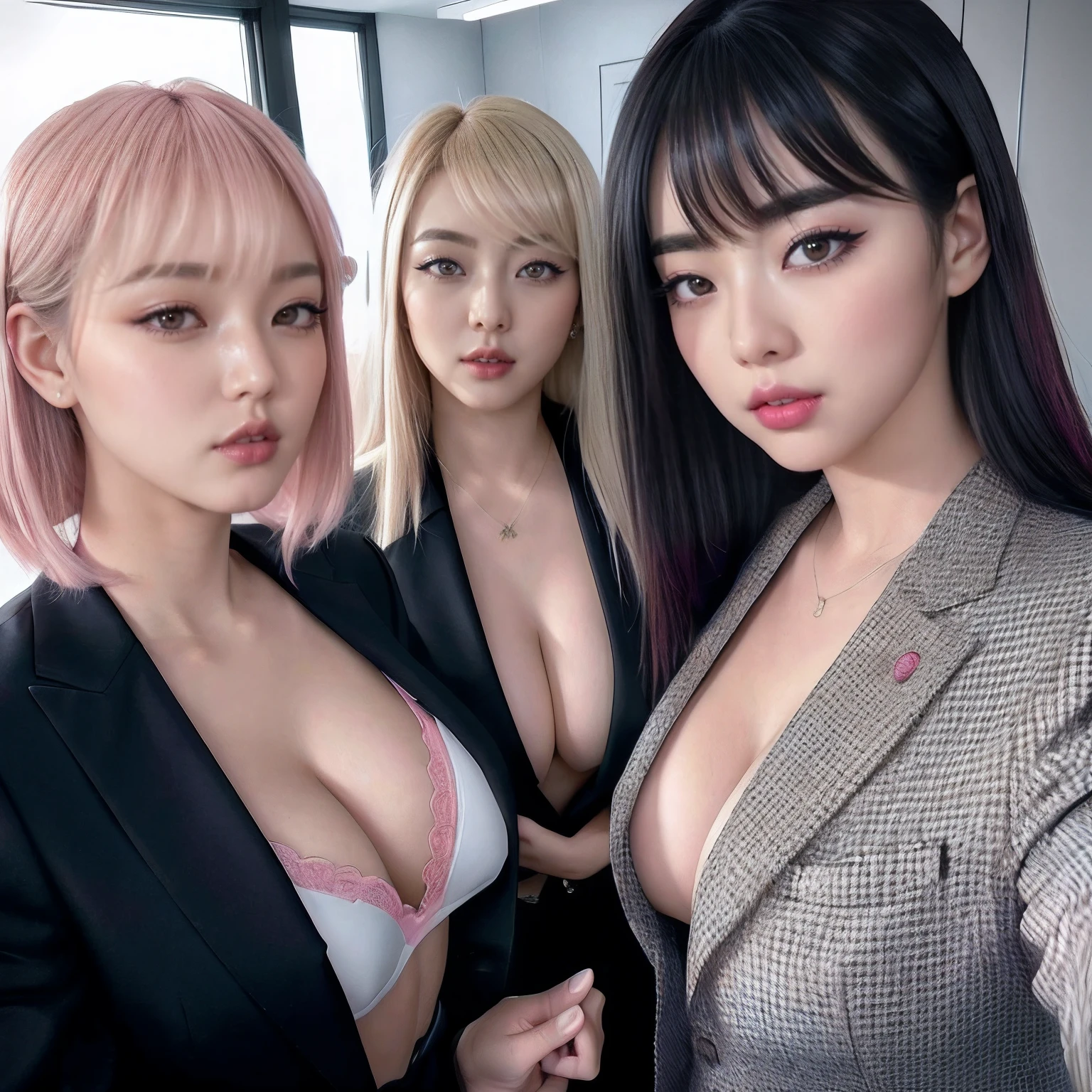 Four Women、Chest huddled around the camera、25-years old、​masterpiece、top-quality、ultra-detailliert、raw、japanes、Blonde hair、Inner Color Hair Color、（Curvaceous:1.4）、（Smaller face:1）、makeup、（eye liner:1）、eyeshadows、Pink lip、gals、Farbe々Hairstyle、Big breasts、Suit jacket、Taking off your jacket、Suit pants、laced lingerie、Unconventional, Sexy appearance, s Office、（Looking at the camera:1.4）、（Looking into the camera from above:1.4）、Extreme close-up of chest