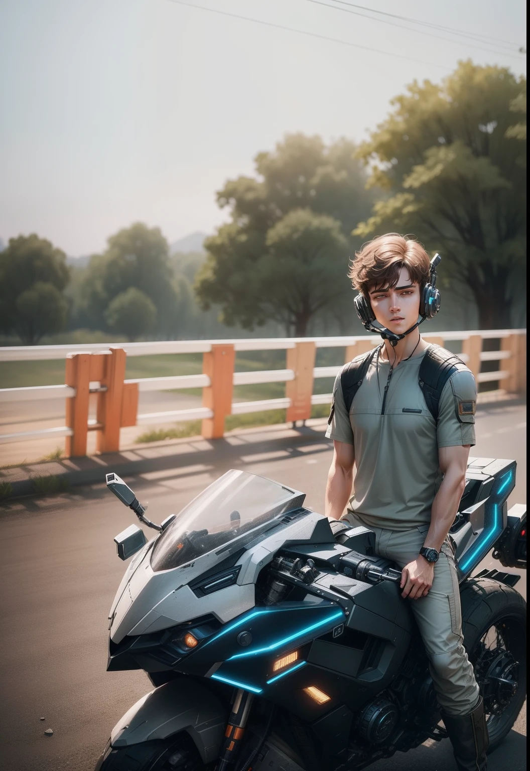 masterpiece, best quality, realistic, ultra detailed, sfw, head shot, a portrait of a young man, starsector, sci-fi style clothing, hight-tech gadgets, head facing right,