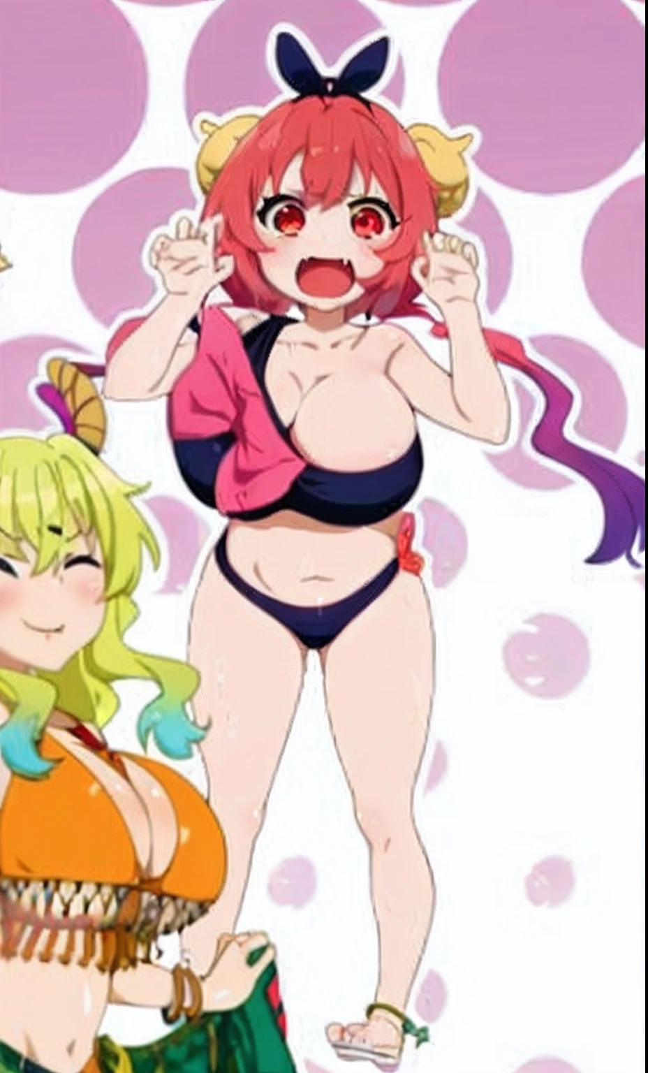 Personajes de anime en bikini posando para una imagen con un fondo de lunares, is wearing a swimsuit, Shirabii, anime hi-fructosa, Estilo anime Ecchi, OPPAI, Kinmoza!, Ecchi, umamusume, bikini. Antecedentes del infierno. sangre, Chica de anime llamada Lucy, Imagen de anime de Safebooru, Estilo Ecchi