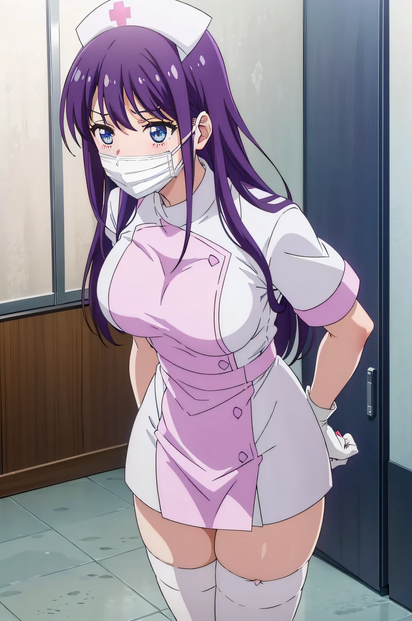 1 female, alone, nurse, nurse cap, white clothes, ((white legwear, zettai ryouiki)), white gloves, long hair, purple hair, red eyes, pink lips, smile, Are standing, ((hospital room)), sharp outline, short sleeve, mature woman, 35 years old, highest quality, masterpiece