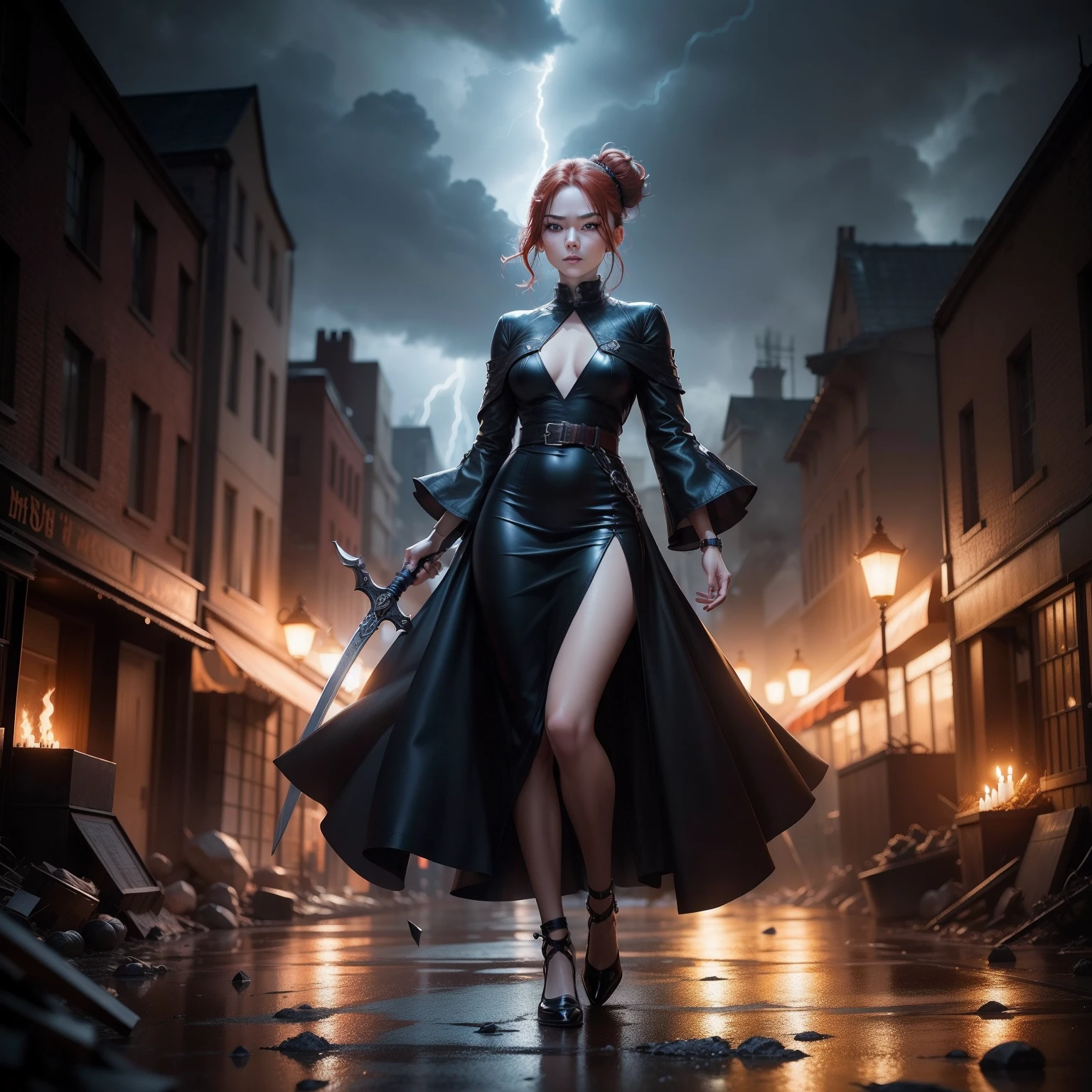 Natural redhead woman posing for camera, Full Body Pose, angry, resent, Shout something,Holding a sword in his right hand、Brandishing a sword,Stylish updated hairstyles, hair in bun, Straight hair, Pretty Face, face perfect, Thunderstorm in the background, Destroyed city,Buildings burn, alarmed, Facial features are、Aya Yamamoto and Marina Matsui、It is a mix of Asuka Saito and Mao Akiyama, petite body, The photo looks like it was taken with a Sony A7 III, Professional Photographer, dark ambiance, Edge lighting, Cinematic, candles, witchcraft, Full body portrait, Hyper realistic, Beautiful face, 8K, Full body portrait, Elegant, Natural lighting, Sharp Focus, Very detailed face, bright and smooth bright skin, Beautiful face, Smiling, Happy, 64k uhd, nffsw, Beautiful soft skin, 50 millimeters, low illuminance, dark and mysterious atmosphere, Vivid skin, Photorealism,