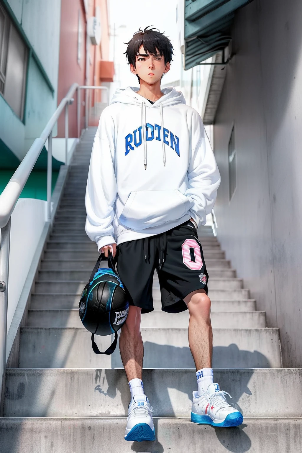 A handsome boy in a sweatshirt,Ruffian,Shorts white socks,Basketball shoes。sit on stairs,Right hand mineral water,style of anime