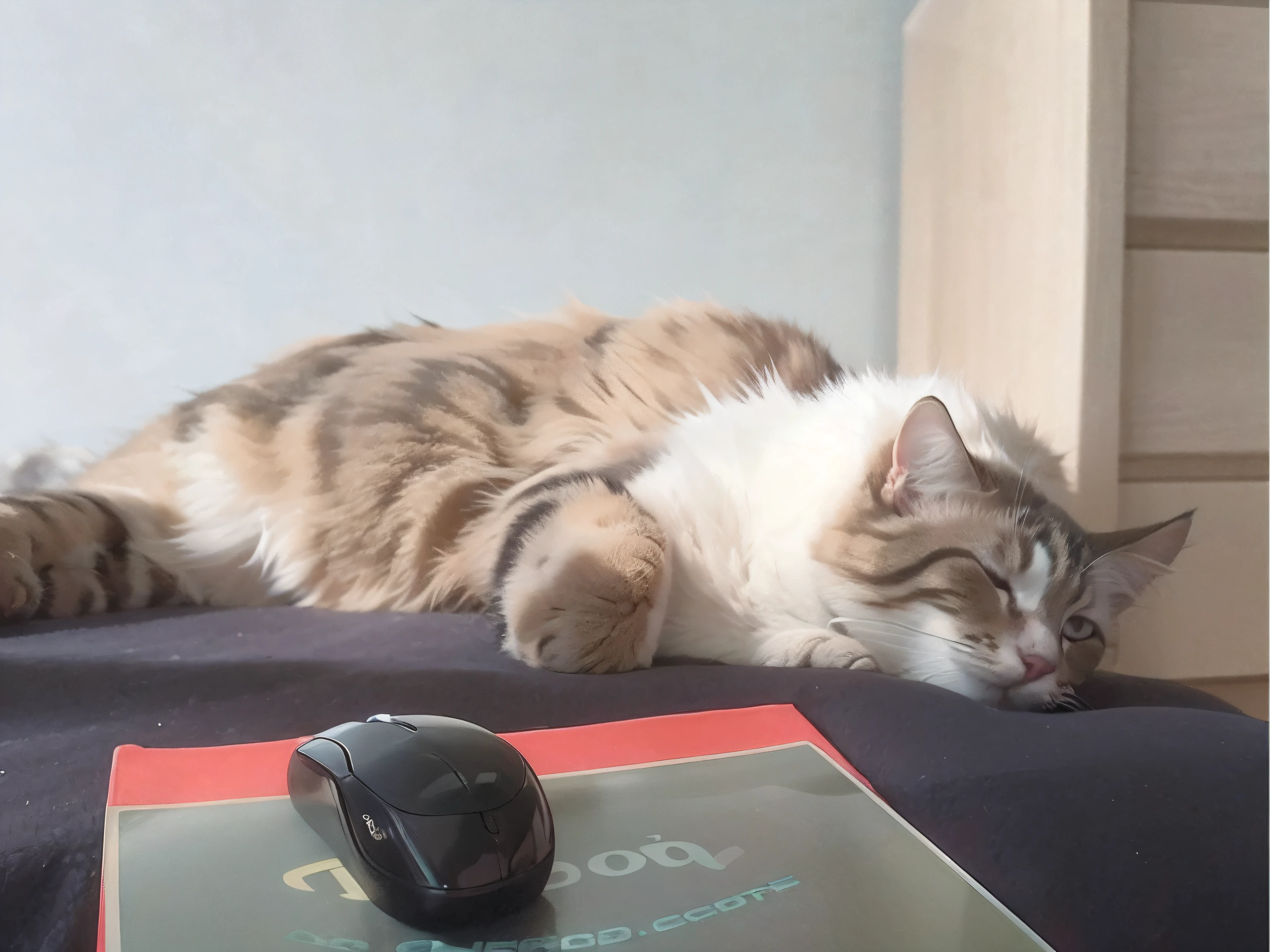 there is a cat that is laying down next to a mouse, fat cat on desk, on a desk, resting on a tough day, cat sleeping, he is very relaxed, nearly napping, trying to study, relaxing after a hard day, cat on the table, doing an elegant pose, cat on the table in front of her, help me, looking tired