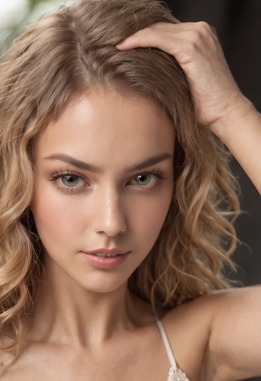 Sexy women, 20 yr, thinness, sport, shiny tanned skin, pechos enormes, Slim waistline, curly blond hair, No underwear, realisticlying, Cinematographer, Real, Natural