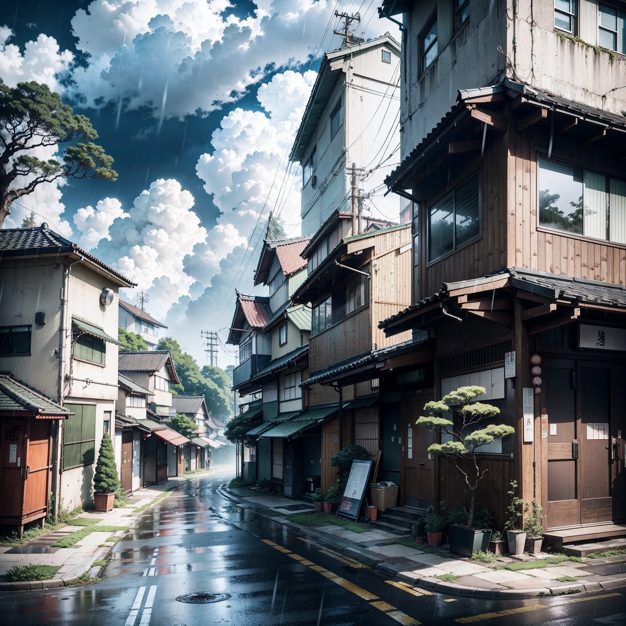 raining, gloomy weather. Japanese bus stop, surrounded by trees and vegetation on one side of the street and modern japanese buildings on the other side. Best quality. No one in sight. Anime. Anime style. lofi. dramatic weather. wide view, wide angle. Next to street. Modern village
