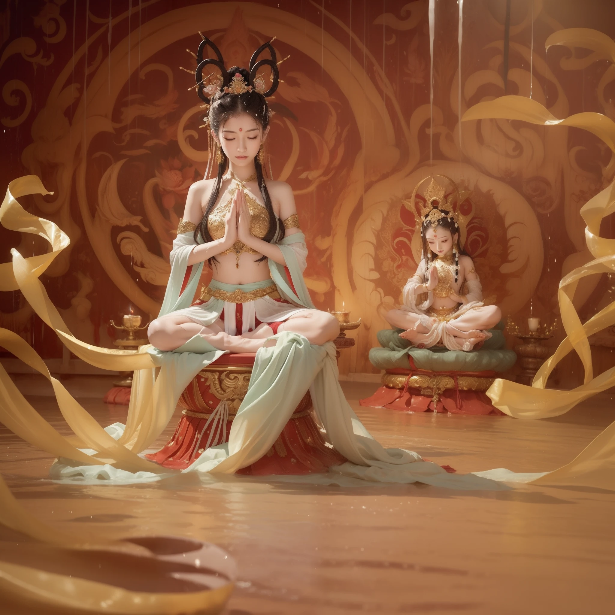 Several naked fairies sit on lotus pedestals to meditate，（Yoga lotus sitting），（Perfect，Delicate and good-looking face），（Get wet all over your body）