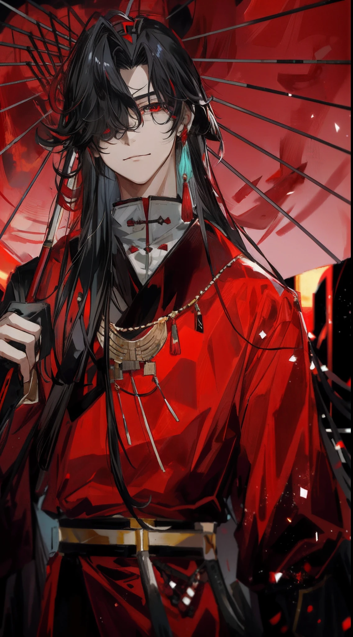Hmong ager,Exotic,Witchcraft,Miaojiang boy,male people,Handsome,Hmong male,Ancients in red and black robes,Ancient wind,Black hair, black hair, crossed bangs, long hair, messy hair, floating hair, expressive hair, hair strand, tentacle hair, mole under eye, raised eyebrows, half-closed eyes, eyeball, glaring, tareme, red eyes, longeyelashes, light smile, evil smile, scowl, jitome, seductive smile, yandere, troll, fang, covering eyes, chin grab, evil, guilt, UHD, masterpiece, super detail, high details, high quality, 16k