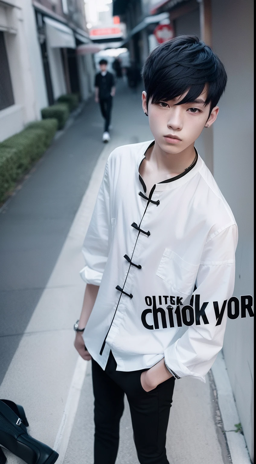 A young 17 year old boy, wearing a white button shirt, black pants, dark white and black, Chinese punk, street inspired, Clovis Trouyer, androgynous
