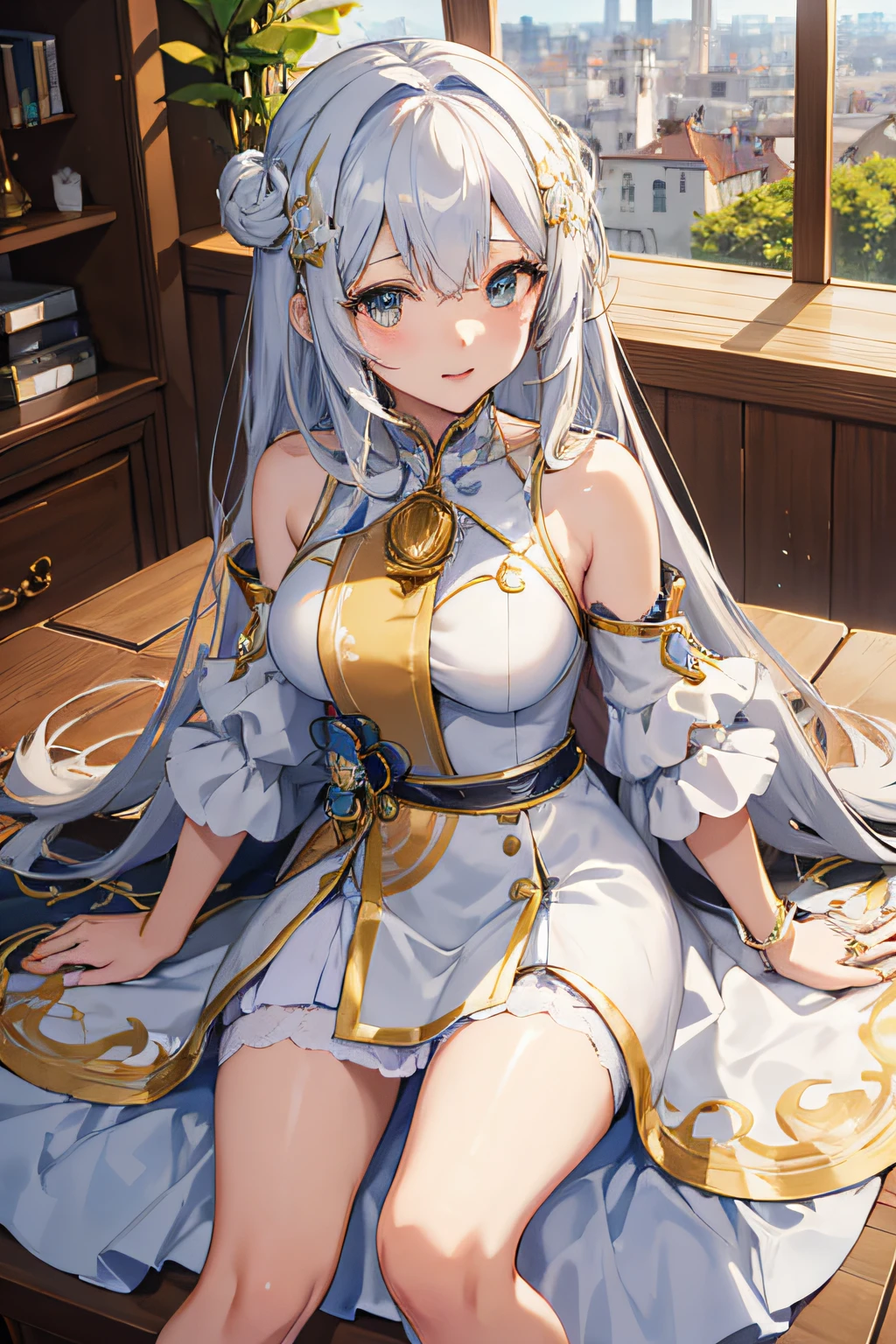 anime girl sitting on a table with a view of a city, 8k high quality detailed art, anime goddess, cute anime waifu in a nice dress, royal elegant pose, high detailed official artwork, portrait knights of zodiac girl, trending on artstation pixiv, keqing from genshin impact, hestia, white haired deity, loli in dress