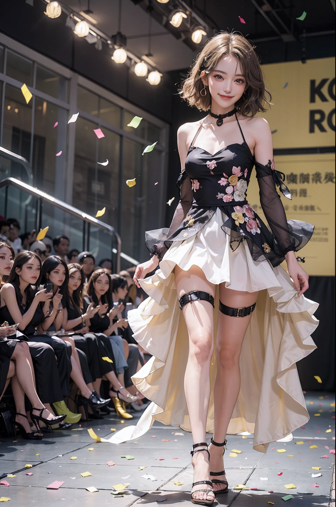 1girl in, (Smile:1.6) ,stunningly beautiful girl, full body Esbian,Haute_Couture, designer dress, high-heels,high fashion, dynamic ungle, fashionshow, (Indoor runway:1.4),Long shape face, beautiful countenance, darkred eyes, Sandy Blonde Side Sweep Hair, Short hair, Long ringlet, catwalk,Red carpet,Colorful confetti, Vivid colors, masutepiece, Best Quality, absurderes, Highest Quality, Amazing details, 8K, Aesthetic,Perfect Lighting,