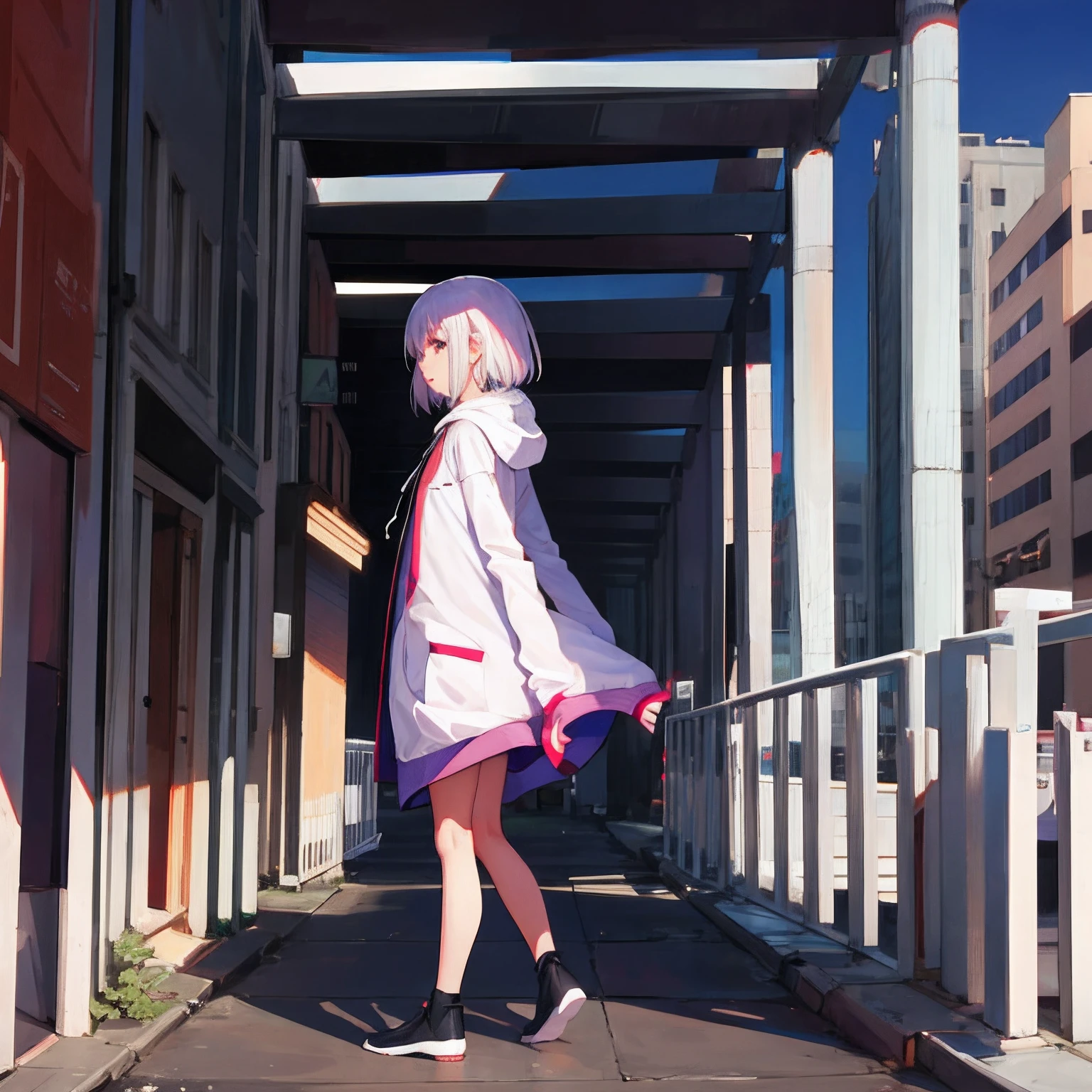 city,full body Esbian,facing back,kirei,girl,white,hair,shortcut,hair,white,hooded,jackettown,straighten,ones,hair