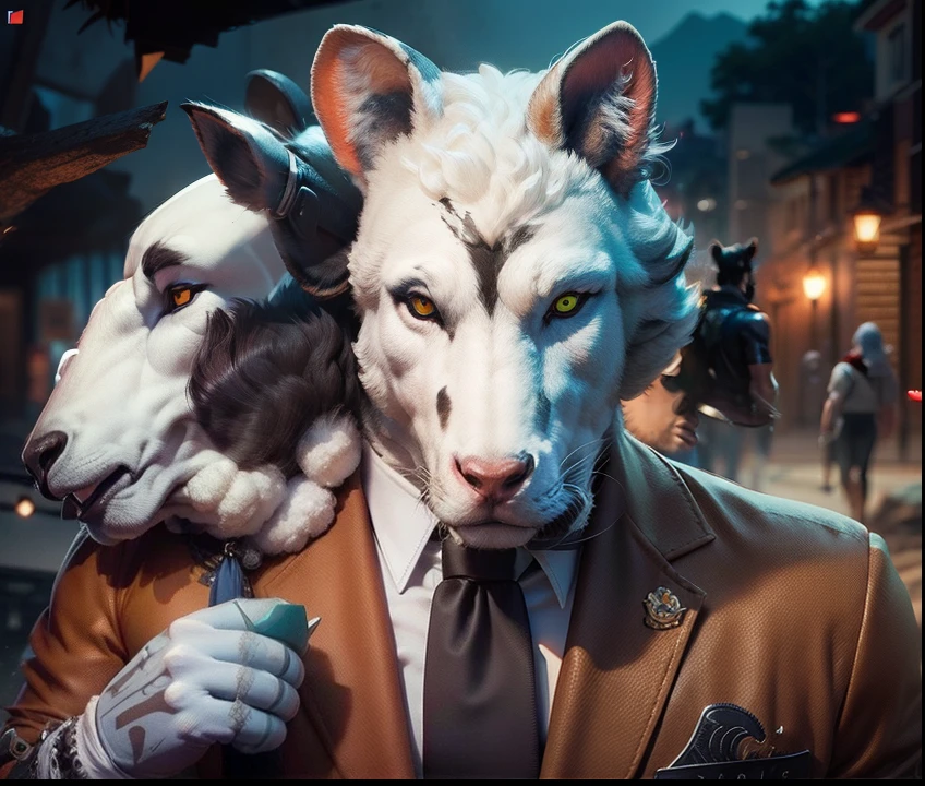 3D, lobo faminto e feroz, holding a sheep mask on his right paw, rico em detalhes, corpo inteiro,