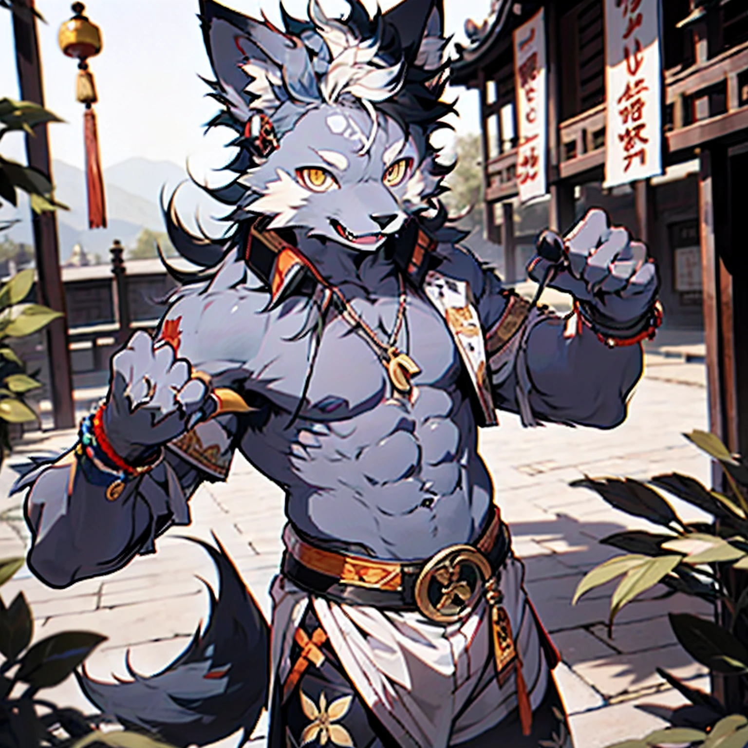 Best quality, Young, , Furry, Solo, Male wolf: 1.5, Purple fur: 1.5, Purple Ears, Animal Ear, Yellow eyes, Muscular body, Abs, Wearing Chinese legging, Topless, Standing in the courtyard of Shaolin Temple, Wearing bracelets, Mohawk hair, Rich body movements, Detailed fur, Detailed clothes, Complex background, claws, fangs.