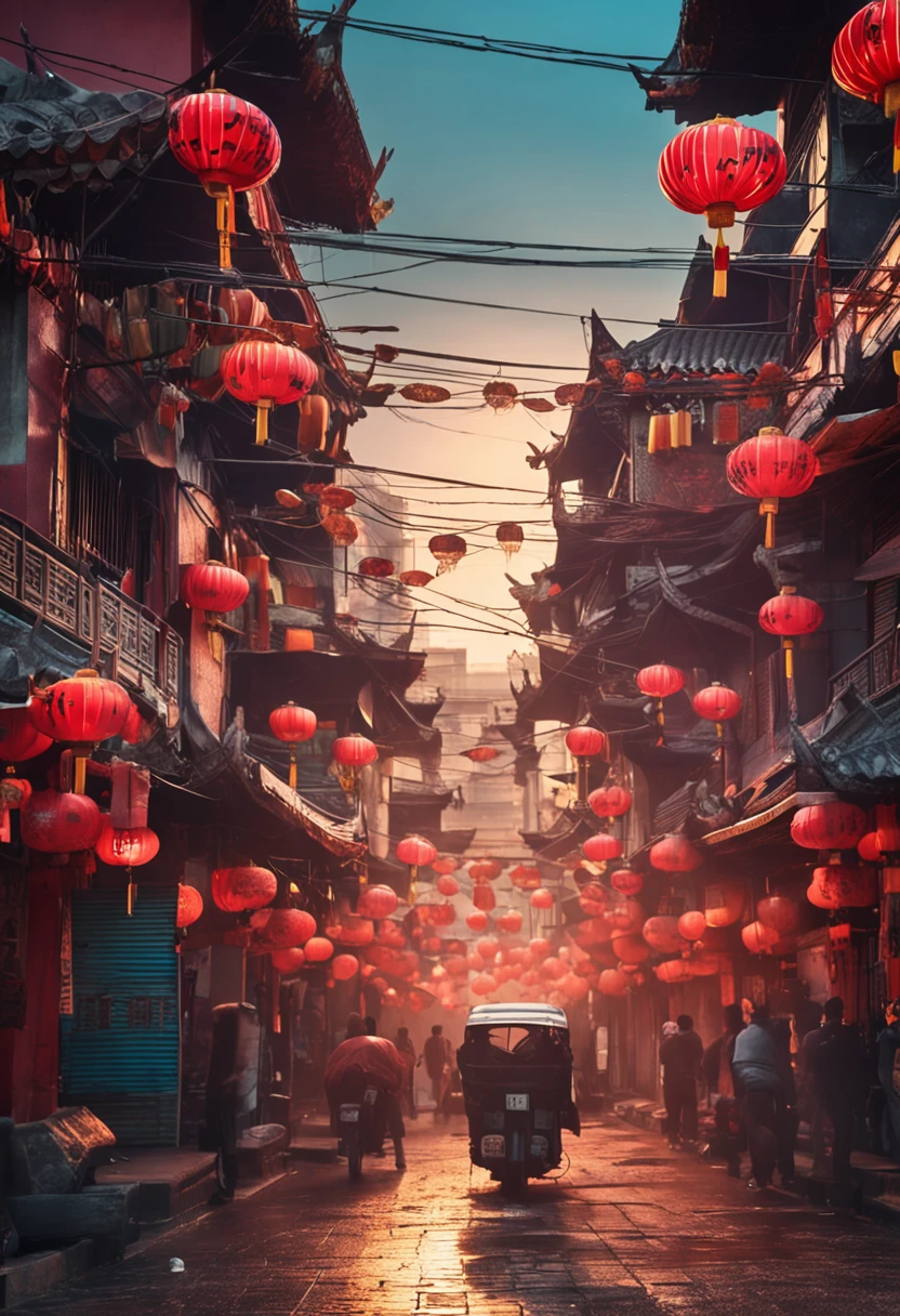 Chinese-style street architecture，Symmetrically distributed houses，Spectacular sunset，Bustling pedestrians，The hawkers are constantly shouting，A prosperous sight。