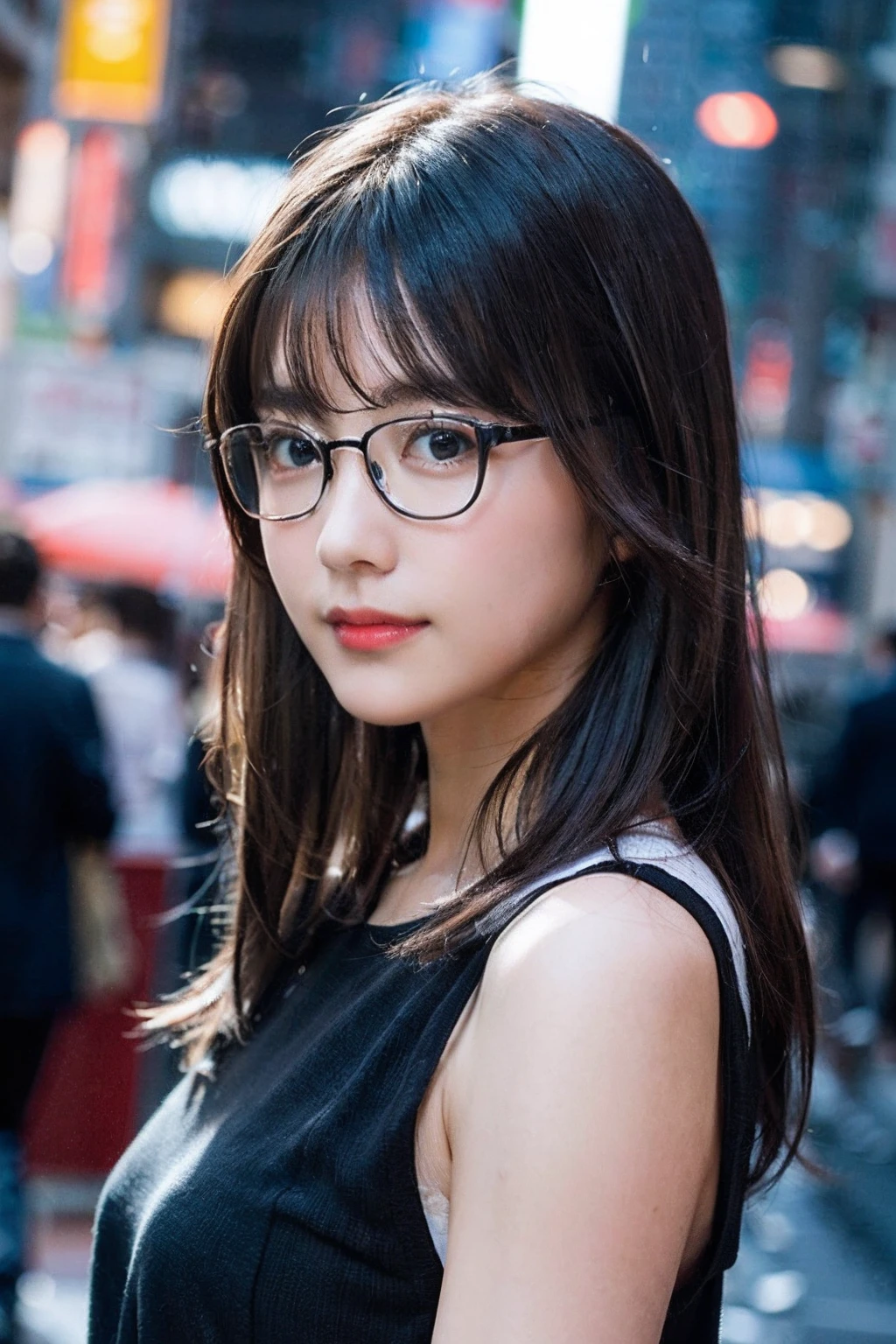 (8K、Raw photography、top-quality、​masterpiece:1.2)、(realisitic、Photorealsitic:1.37)、ultra-detailliert、超A high resolution、1人、see the beholder、beautifull detailed face、A smile、Constriction、(Slim waist) :1.3)、Beautiful detailed skin、Skin Texture、Floating hair、Professional Lighting、In the rainy city、Hair or clothes are a little wet、Black square glasses 、Whole human body、Brown hair、Wave to the viewer、