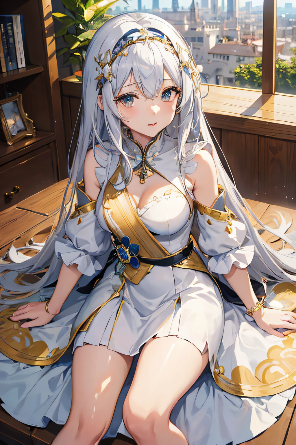 (hyper extreme detailed),(masterpeace),(hyper extreme),(photorealistic),CG,(colour:1.2), beautiful lighting,light from the front, solo, Rodney,silber hair,long hair,multiple side braid, detached_sleeves,thigh_boots,detached_collar,white and blue dress, (beautiful_detailed_eyes),