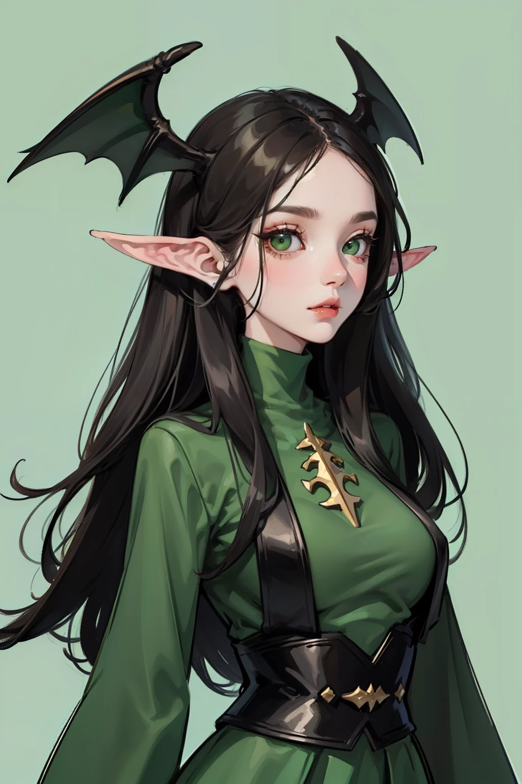 girl with long black hair, cute face, green big eyes, detailed features, succubus, waist up figure, neutral expression, simple background, full figure, looking at the viewer from afar, front facing, simple one color background, detailed face, wearing turtleneck, straight pose, green flowy outfit, mystic vibes