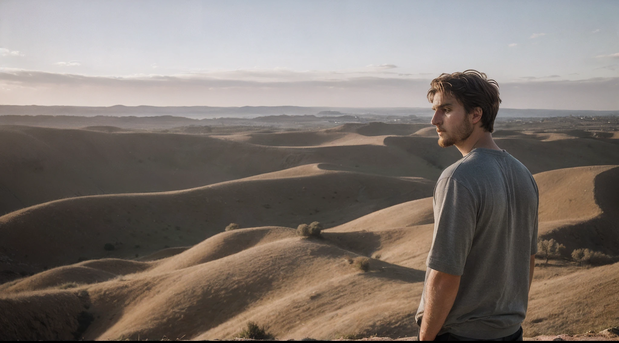 A 20-year-old man，Hair and brown beard staring at the horizon，Think about his life, 1 person in the scene, country scenery, There is a lot of dust in the wind, Calm and peaceful composition。。。, Panoramic view, Contemplative scenes, Pastel colors, Full body shot, and the sun was shining brightly，Plenty of daylight, cinematic perspective, High definition, Intricate details, Dynamic composition, volumettic light, primitive, Masterpiece, Fujifilm XT3, Shadow contrast, Photorealistic