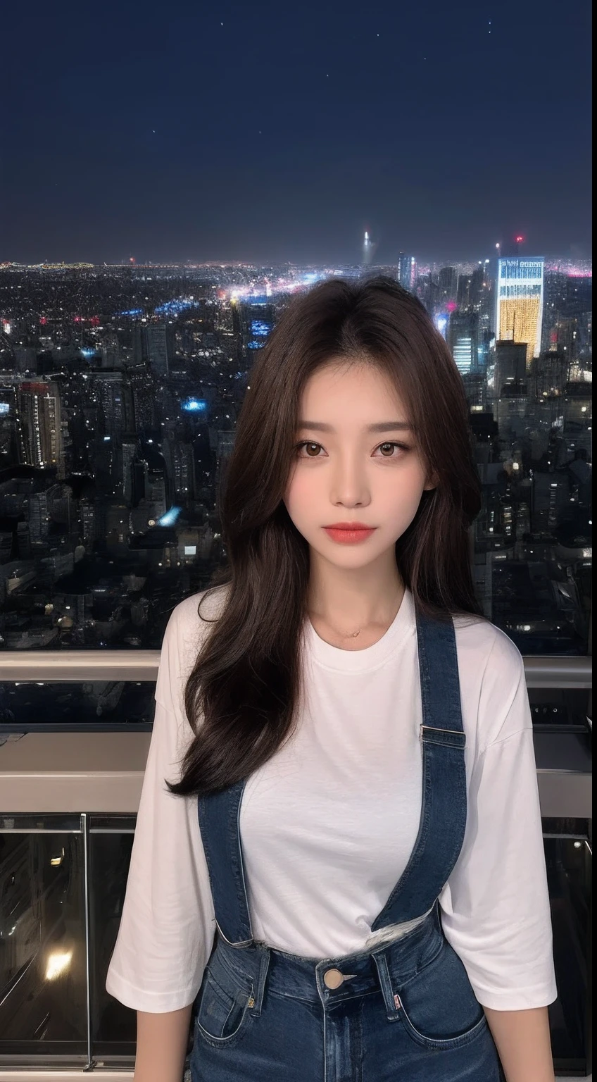 ((Midnight, Best quality, 8k, Masterpiece :1.3)), Whole body, Long legs, Sharp focus :1.2, A pretty woman with perfect figure :1.4, Slender abs :1.1, ((Dark brown hair, Big breasts :1.2)), (White tight tshirt, Jean bib, Standing:1.2), ((Night city view, Rooftop:1.3)), Highly detailed face and skin texture, Detailed eyes, Double eyelid