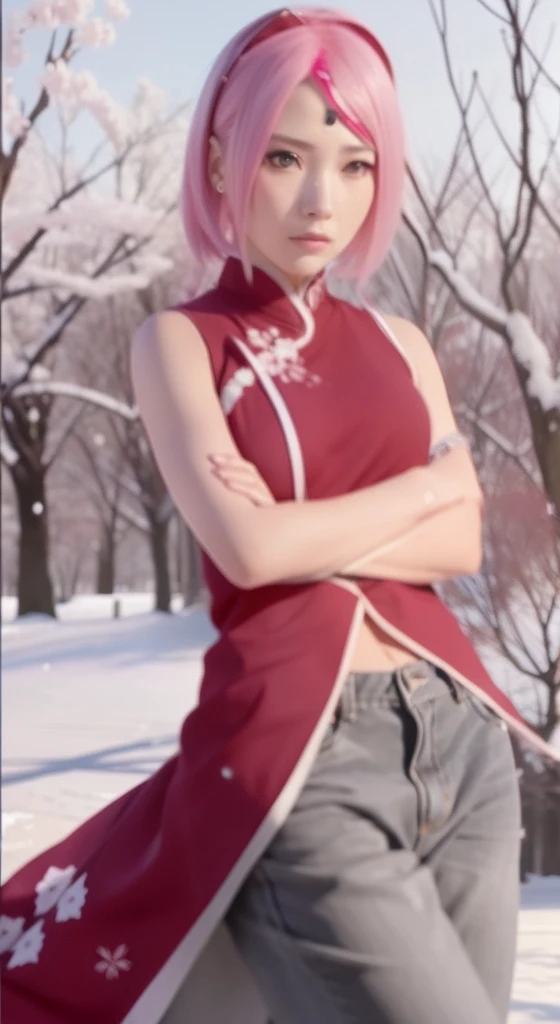 Sakura uchiha. A woman was standing in the park. He seemed to be wearing a tight red cedar. With silver Levis is also tight. His hands were folded in front of his chest. She has pink hair that won't untie. White as snow. And rosy cheeks. And a tiny pink lip. He looked into the camera. So pretty and realistic