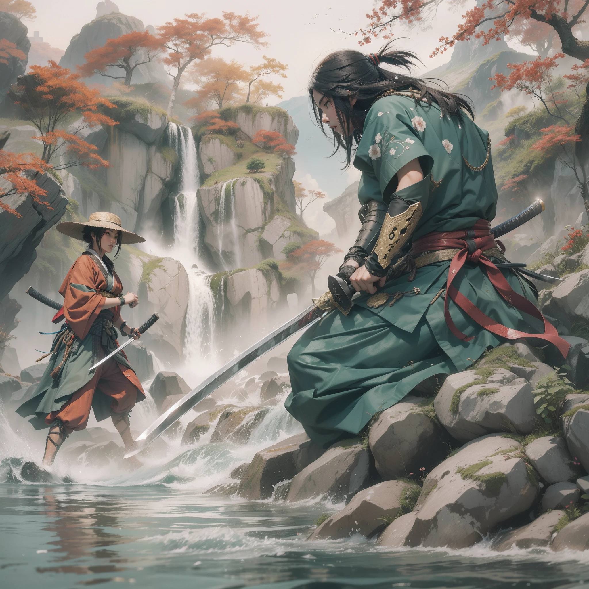 (Combate a muerte hombre vs mujer).Primer plano de un samurai cortando el agua con su katana,pelo largo y negro con una cicatriz en la frente de un corte,hombre adulto guapo,barba corta,exprecion de pas y tranquilidade fluyendo como el agua,maestro con la espada,samurai con kimono negro,espada super filosa y brillante,debajo de una cascada de agua,cascada con rocas y un rio,estilo anime,arte grafico,alta calidad,alta definicion,obra maestra,calidad profecional de dibujo,muchos detalles,colores definidos,lineas gruesas,