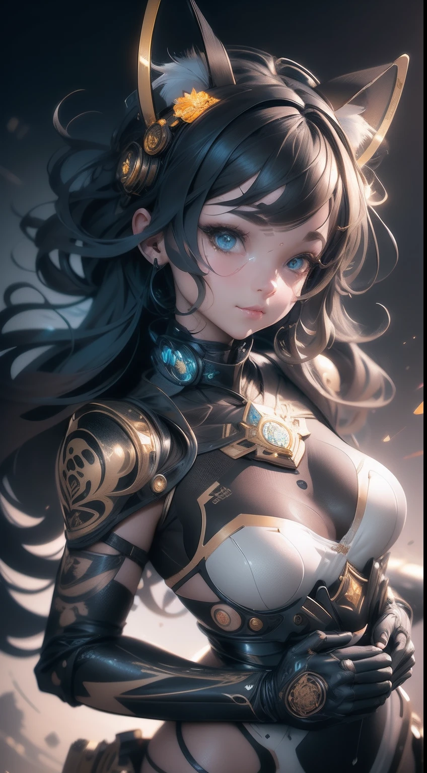 Beautiful Caucasian Woman, shoulder length messy hair, Black and gold PVC cat outfit, cheerfulness, full bodyesbian, Beautiful anime waifu style girl, Hyperdetailed painting, Luminism, art by Carne Griffiths and Wadim Kashin concept art, 4K 分辨率, fractal isometrics details bioluminescens , a 3D render, rendering by octane, intricately details , Cinematic, trending on artstation Isometric Centered hyperrealistic cover photo awesome full color, handpainted , grittiness, Realistic Mucha , Intricate, hit definition , Cinematic,Rough sketch, Bold lines, On paper,