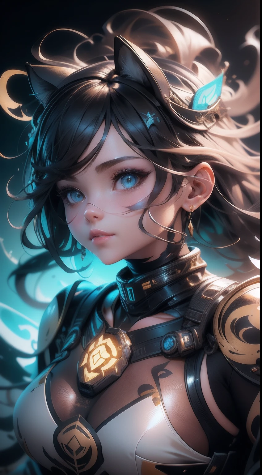 Beautiful Caucasian Woman, shoulder length messy hair, Black and gold PVC cat outfit, cheerfulness, full bodyesbian, Beautiful anime waifu style girl, Hyperdetailed painting, Luminism, art by Carne Griffiths and Wadim Kashin concept art, 4K 分辨率, fractal isometrics details bioluminescens , a 3D render, rendering by octane, intricately details , Cinematic, trending on artstation Isometric Centered hyperrealistic cover photo awesome full color, handpainted , grittiness, Realistic Mucha , Intricate, hit definition , Cinematic,Rough sketch, Bold lines, On paper,
