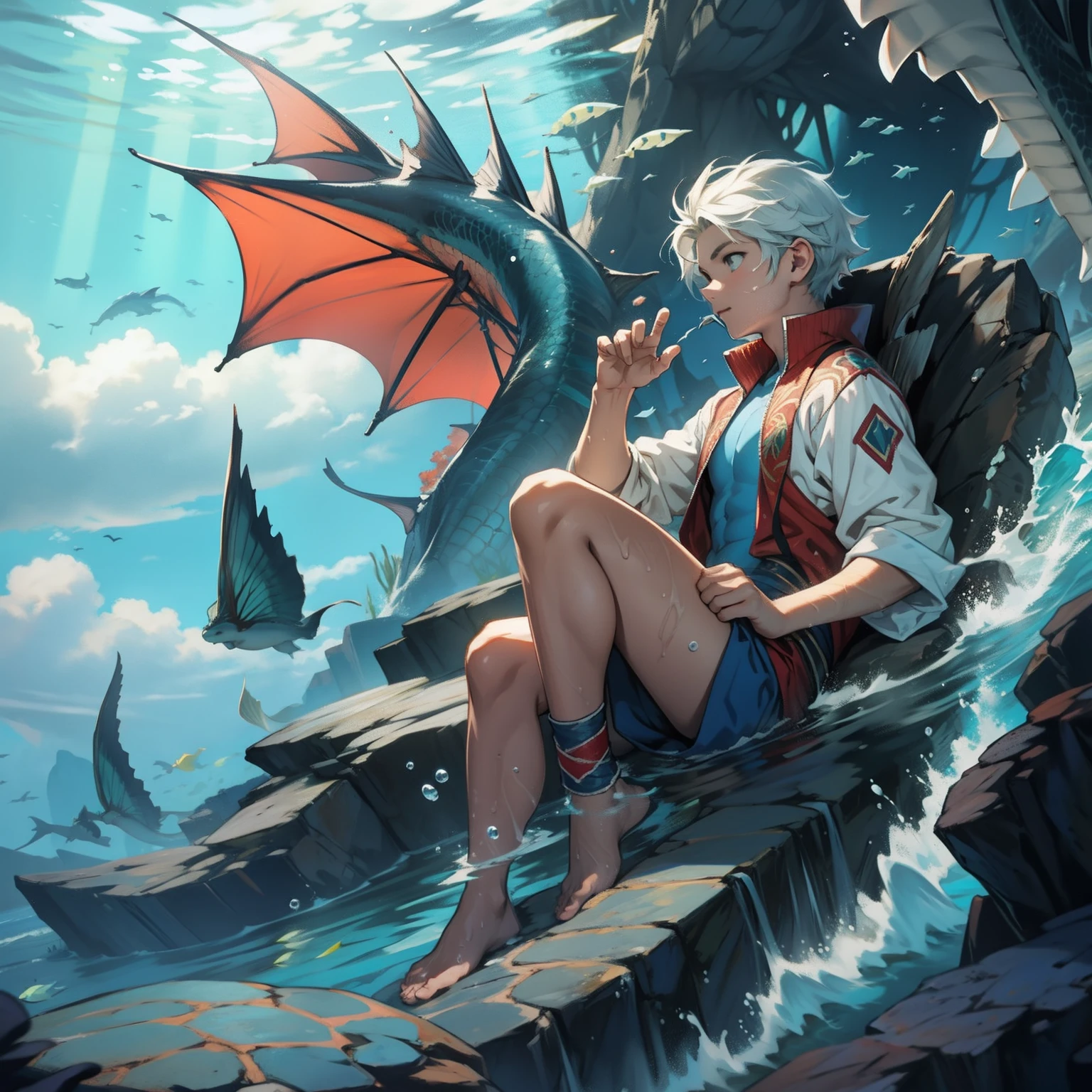 A boy swims at the bottom of the sea,Sea Dragon