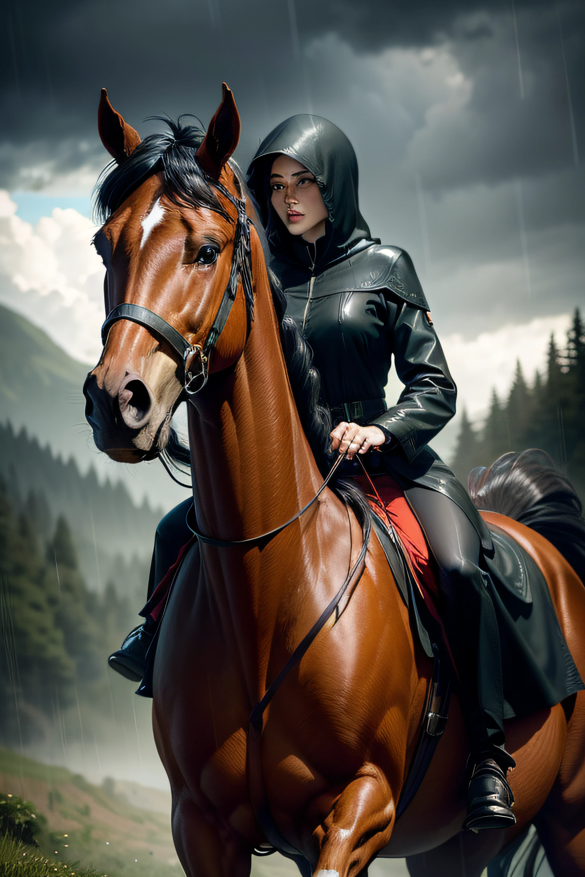 frieze horse, gallop, redhed coor, long mane, long tail, in the clearing, rainy weather, with the rider, women, black hooded coat women,