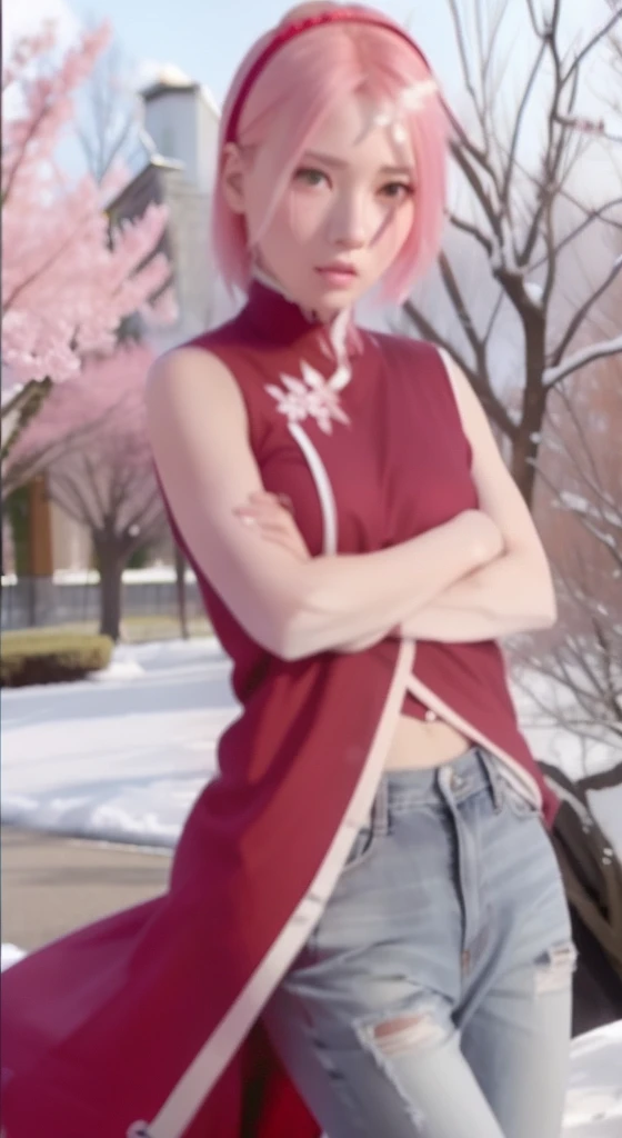 Sakura uchiha. A woman was standing in the park. He seemed to be wearing a tight red cedar. With a tight white Levis. His hands were folded in front of his chest. She has pink hair that won't untie. White as snow. And rosy cheeks. And a tiny pink lip. He looked into the camera. So pretty and realistic