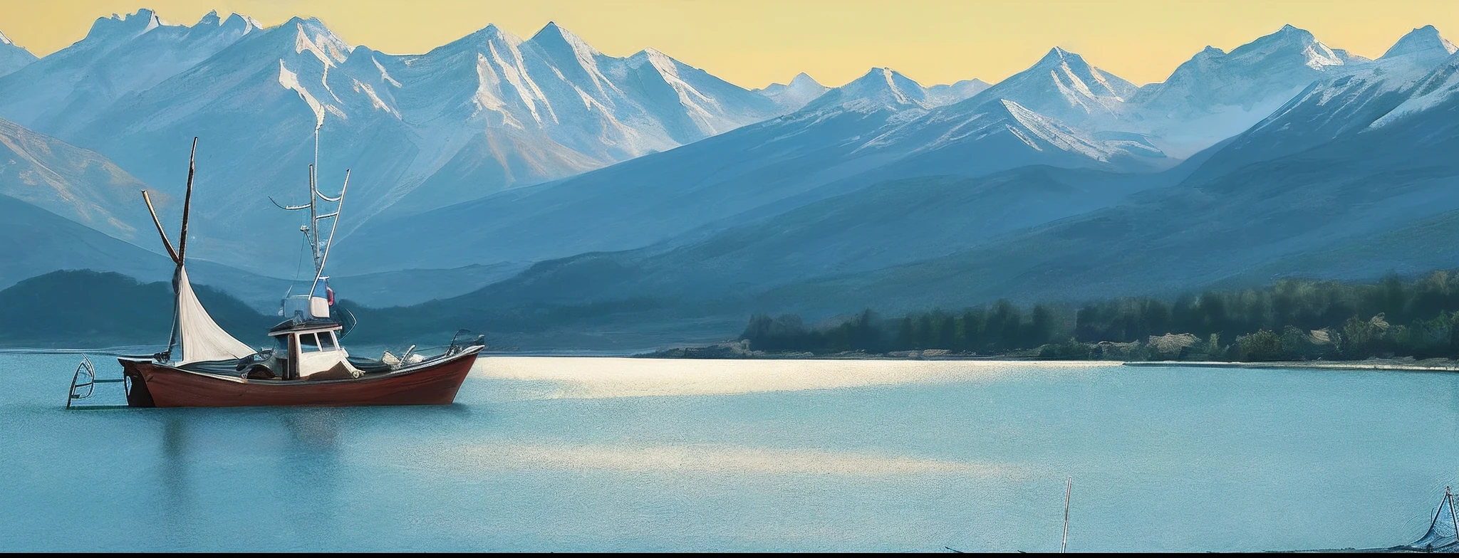 The mountains are high and the water is long,Fishing boats sing late