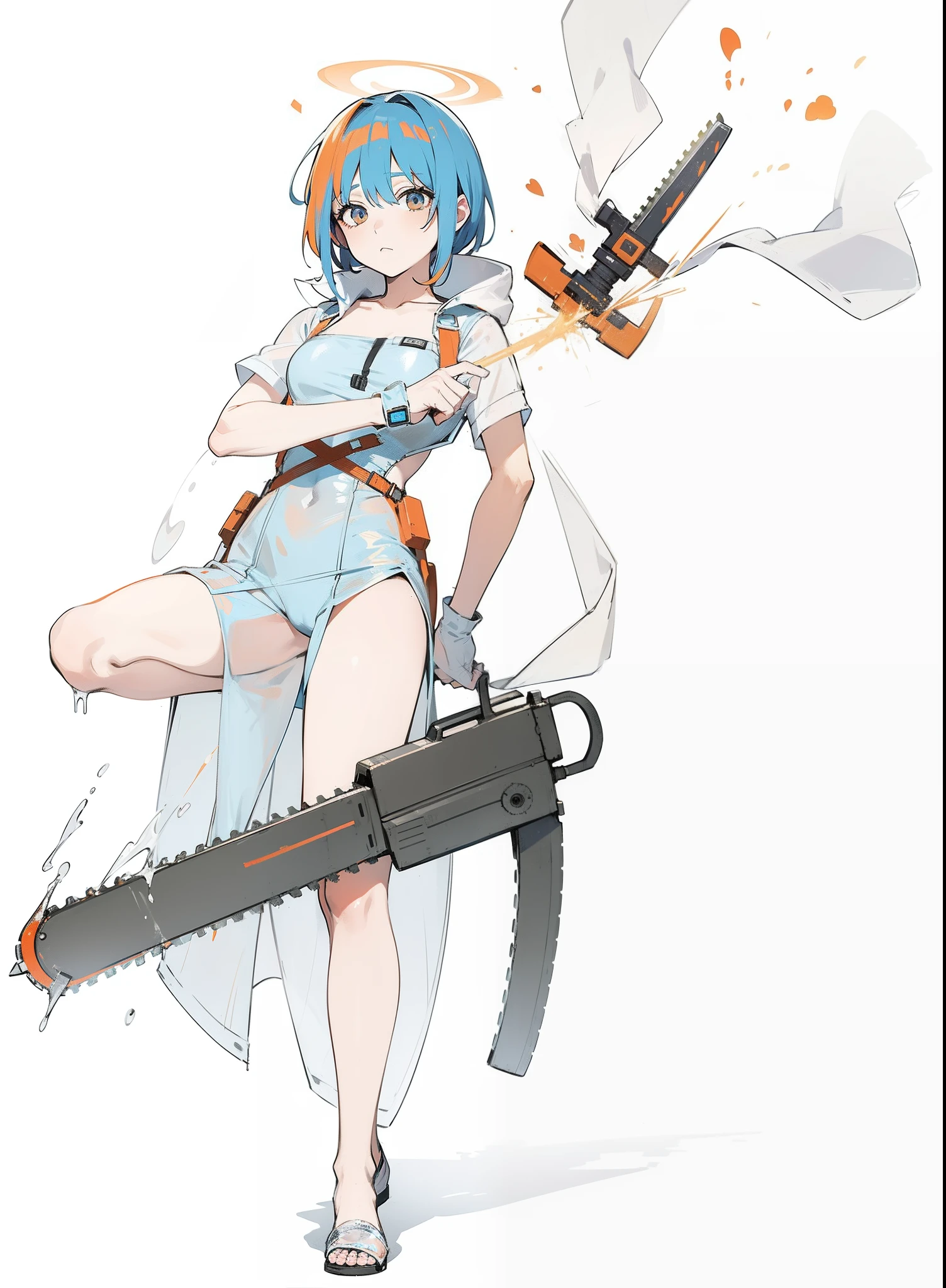 Orange blue hair white transparent raincoat angel with chainsaw,Let go of God's punishment
