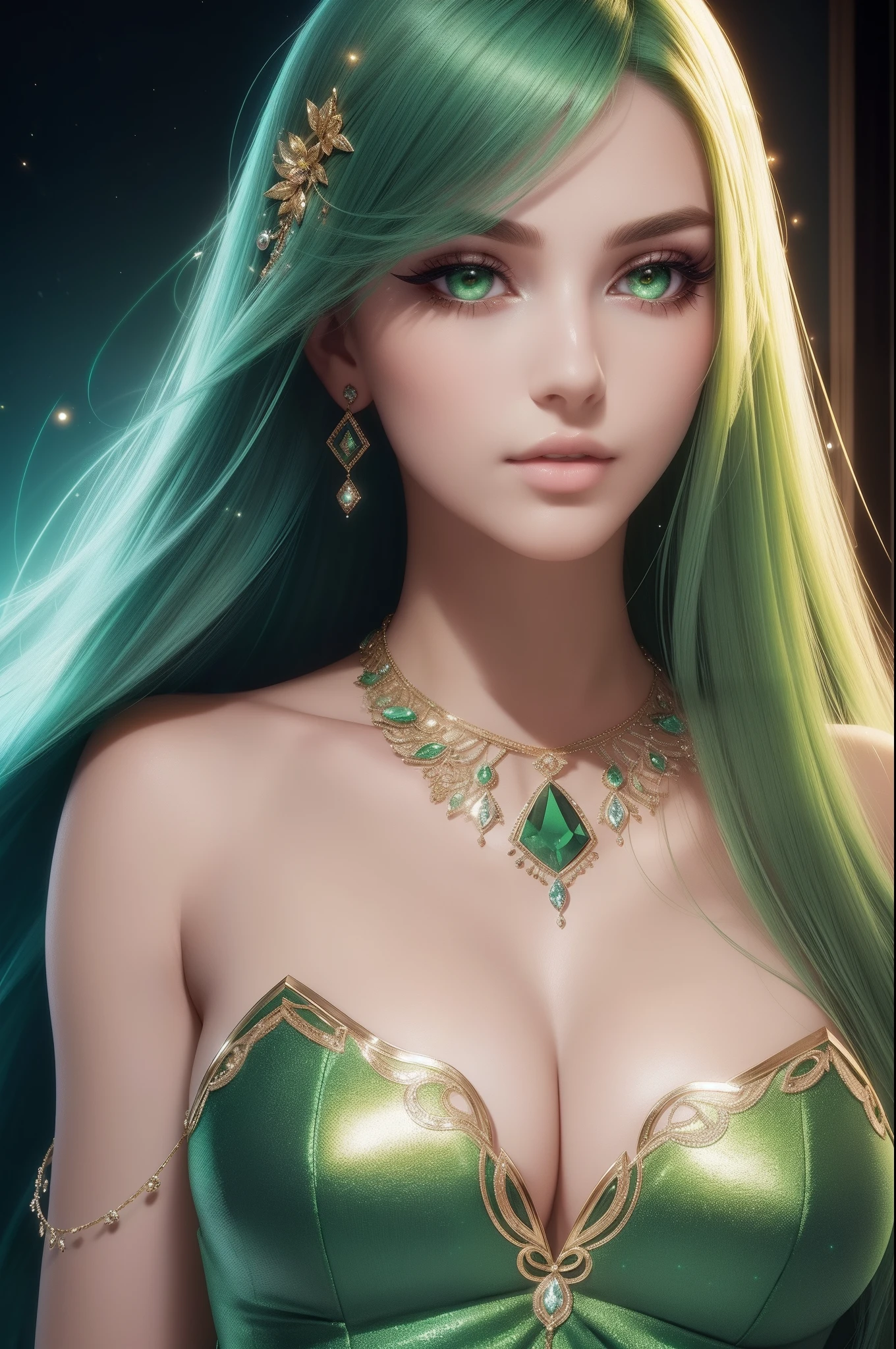 ultra detailed beautiful woman, 25 years-old woman, stunningly beautiful, green hair, green dress, green eyes, her whole head is visible with hair, green jewel necklace, earrings, green eyeshadow visible on her eyelids and eyeliner on her eyes, very long eyelashes, stuningly beautiful face, focus on face, holographic, light particles, ultra detailed illustration, hit definition, very bold and vivid colors, 32k resolution, best quality, volumetric lighting, “best quality”, “masterpiece", half of her body is visible, top of her dress is visible, ultra realistic, high-quality detail