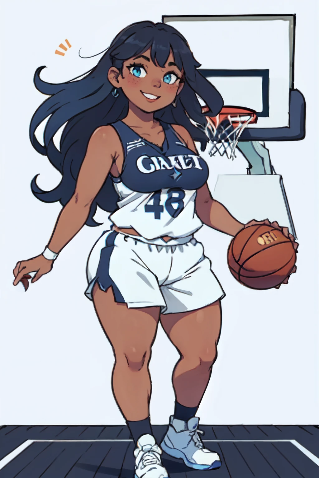 (1girl: 1.5), ((solo)), (dark skinned:1.8), goblin_girl, (azure_blue_hair: 1.8), very long hair, wide body, (small stature:1.6), (huge breast:1.6), hair between eyes, wide hips, blue eyes, mole, mole on chest, age up, lips, big lips, big noise, thick eyebrows, (chubby:1.6), smile, freckles, (basketball player: 1.5), basketball uniform, basketball court