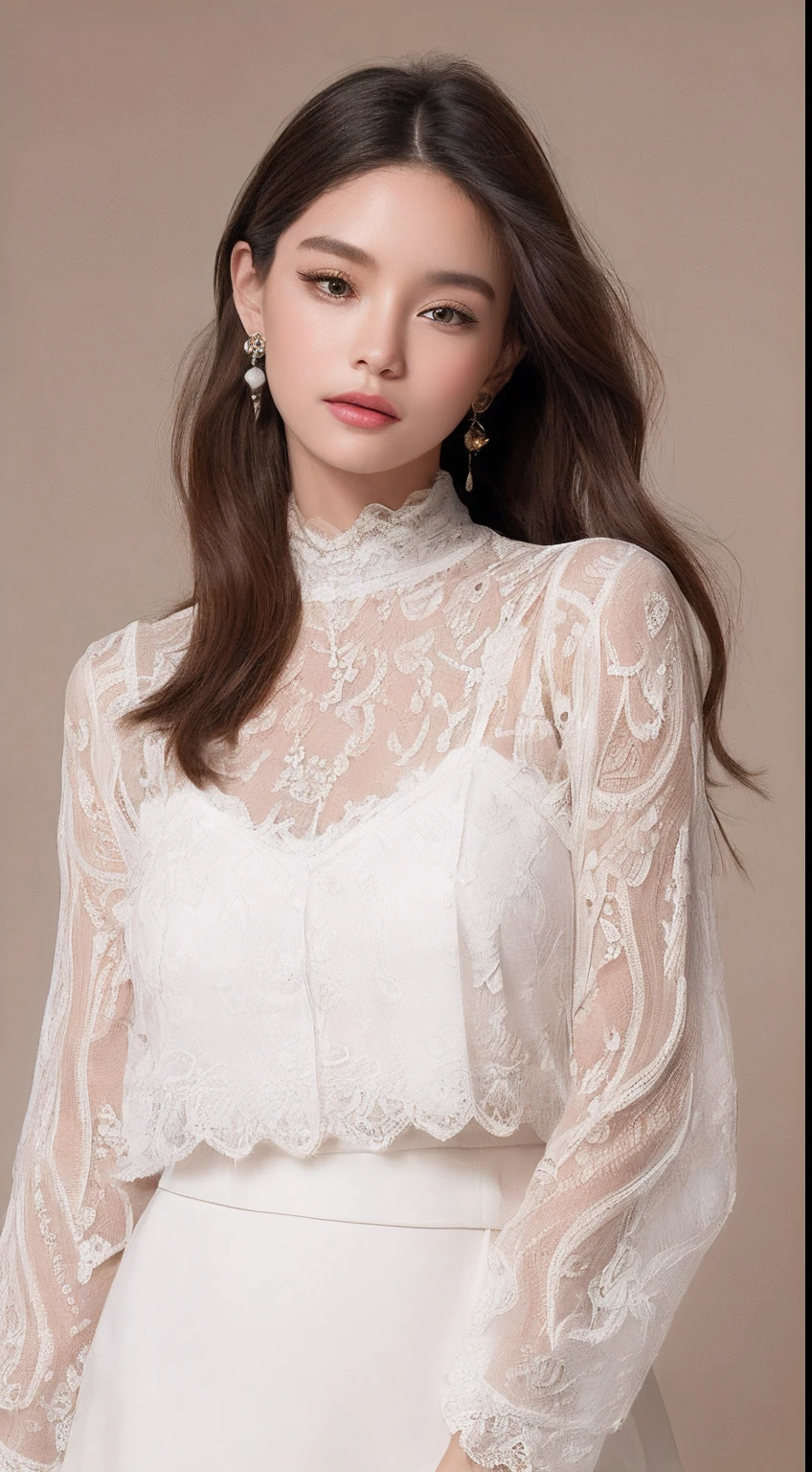 ((top-quality、8K、masterpiece:1.3))Ultra High Image Quality1.3、SLR Quality、Cute Beauty 1.4、Transcendent Beauty 1.4、Real Skin 1.3、Marble background、Full body depiction 1.3、1人、Glamour beautiful woman:1.3、(Brown Shorthair 1.3、huge-breasted:1.2)、sexy facial expression、big eye、Long Sleeve White Lace High Neck Shirt:1.1、hyperdetailed face、ultradetailed eyes、super-detaild skin、Ultra detailed hands、Ultra-detailed fingertips on the face、Super detail beautiful legs、Super detailed beautiful hair、Ultra-detailed cloth、put one's hand over one's mouth、Korean Beauties、White lace skirt、piercings、beautiful and long legs、high-heels、Standing like a model、Walking、Stretching legs、 a beauty girl、Ultimate legline beauty