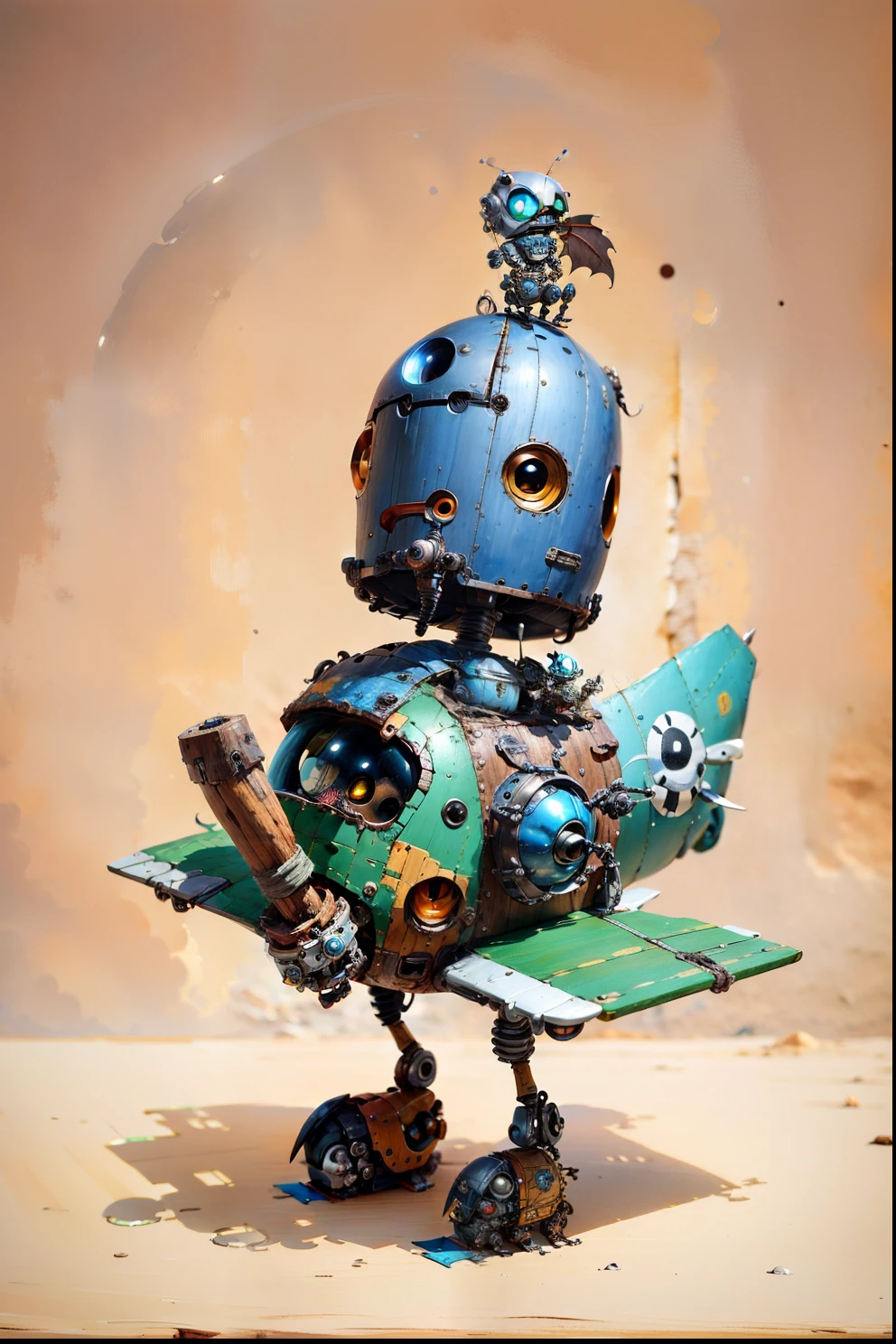 a cartoon robot sitting on a small plane with a wooden board, pit droid, ver.ka mecha machinarium, painterly humanoid mecha, pirate robot, characters from machinarium, inspired by Brian Despain, cute elaborate epic robot, tintoy characterdesign robot, robot pirate, alexandre ferra mecha, painting by android jones, robot wizard, machinarium