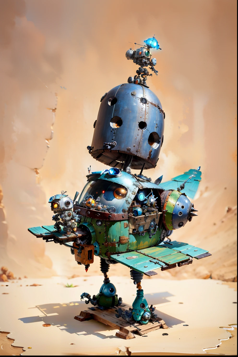 a cartoon robot sitting on a small plane with a wooden board, pit droid, ver.ka mecha machinarium, painterly humanoid mecha, pirate robot, characters from machinarium, inspired by Brian Despain, cute elaborate epic robot, tintoy characterdesign robot, robot pirate, alexandre ferra mecha, painting by android jones, robot wizard, machinarium