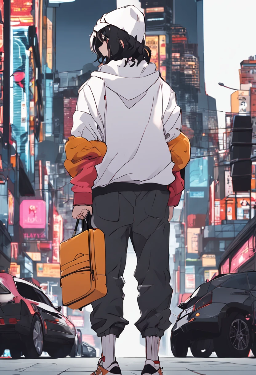 Anime character with black hair and white hoodie,Stand up，Carrying a suitcase in both hands，The background is in the high street，the night