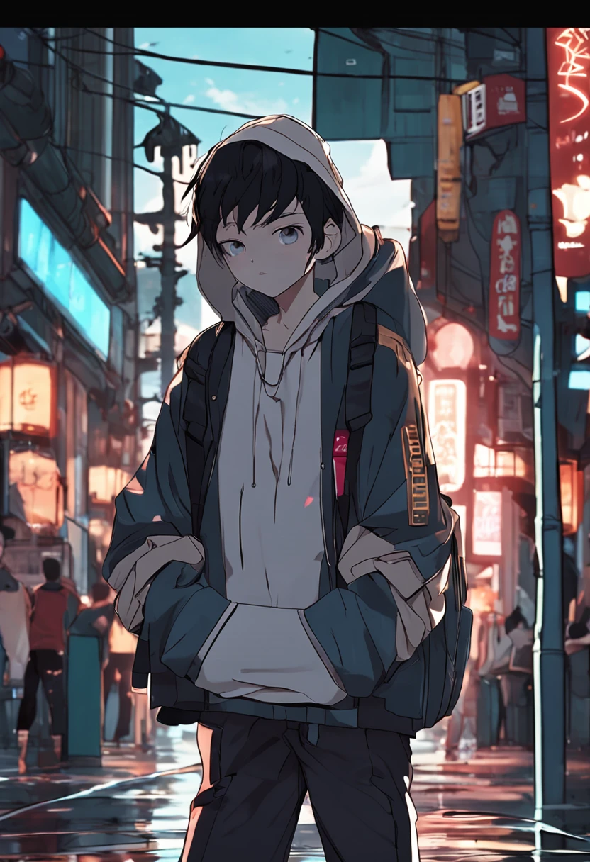 Anime character with black hair and white hoodie,Stand up，Carrying a suitcase in both hands，The background is in the high street，the night